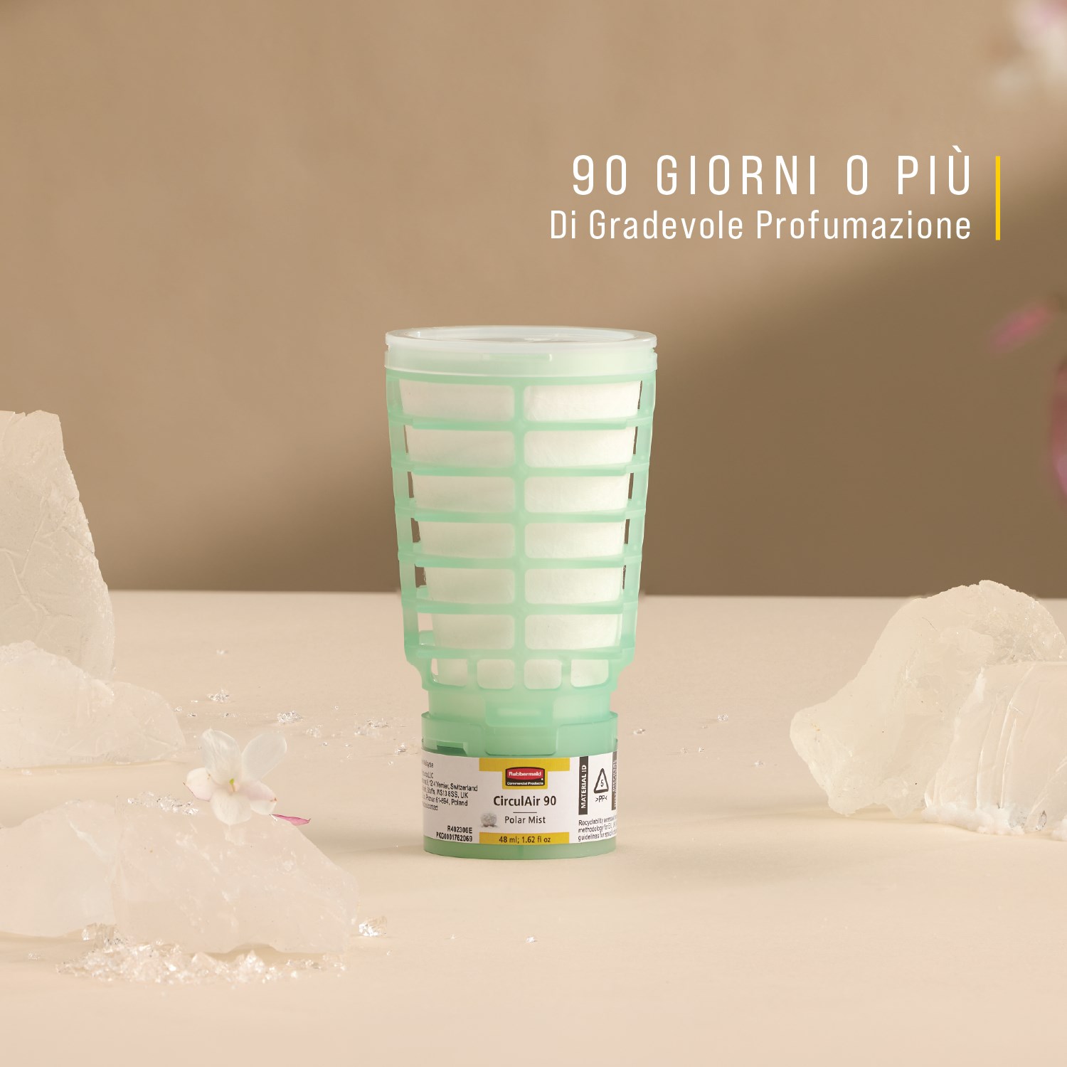 La ricarica profumata CirculAir 90™ Polar Mist di Rubbermaid Commercial Products® è progettata per garantire prestazioni affidabili nella cura dell’aria, con riciclabilità verificata. Realizzata in un unico materiale, la ricarica è riciclabile e non richiede alcuno smontaggio (UE, UK, NO, CH).