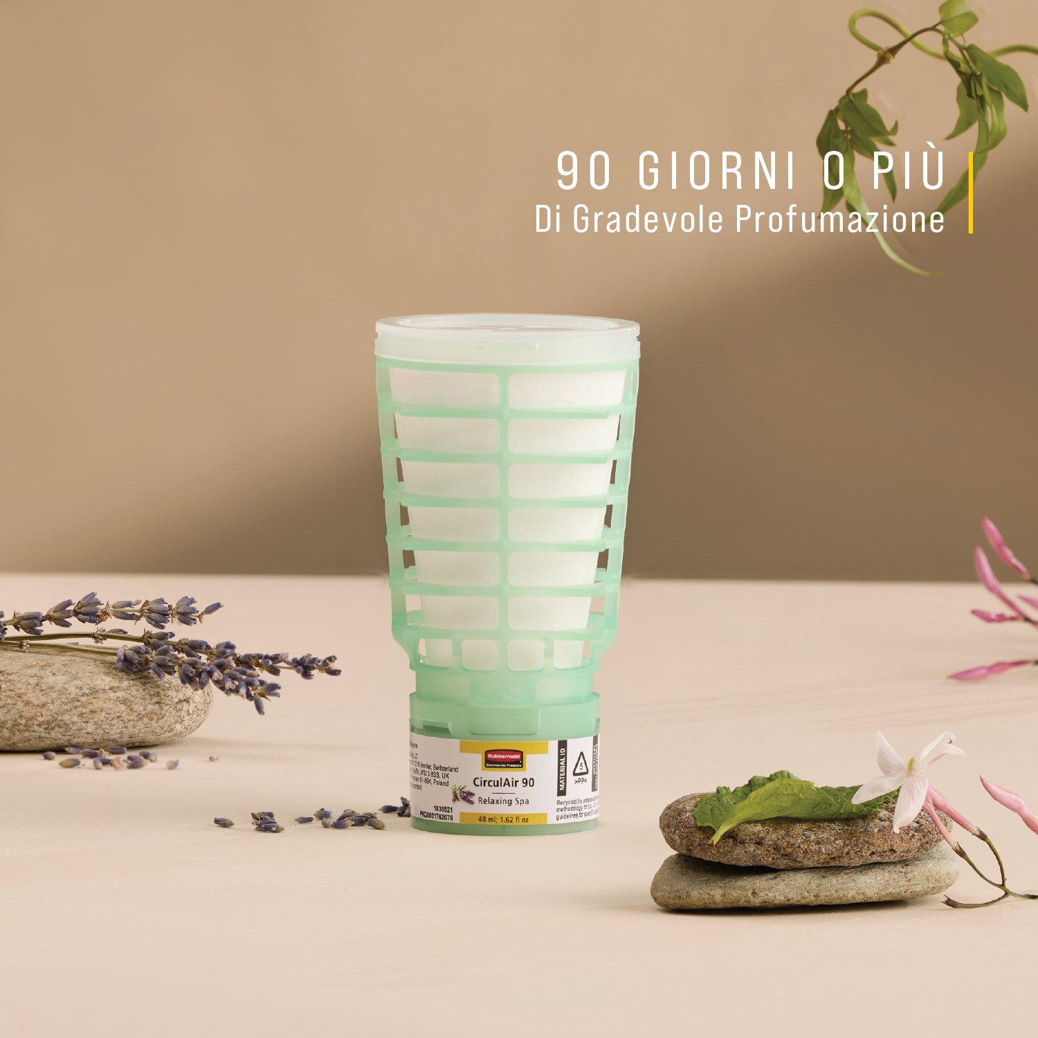 La ricarica profumata CirculAir 90™ Relaxing Spa di Rubbermaid Commercial Products® è progettata per garantire prestazioni affidabili nella cura dell’aria, con riciclabilità verificata. Realizzata in un unico materiale, la ricarica è riciclabile e non richiede alcuno smontaggio (UE, UK, NO, CH).