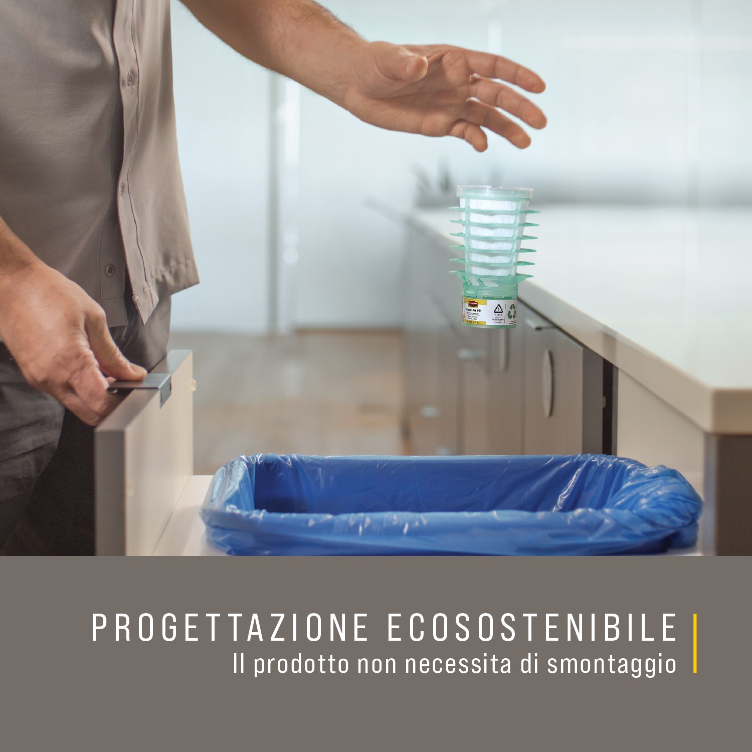 La ricarica profumata CirculAir 90™ Relaxing Spa di Rubbermaid Commercial Products® è progettata per garantire prestazioni affidabili nella cura dell’aria, con riciclabilità verificata. Realizzata in un unico materiale, la ricarica è riciclabile e non richiede alcuno smontaggio (UE, UK, NO, CH).