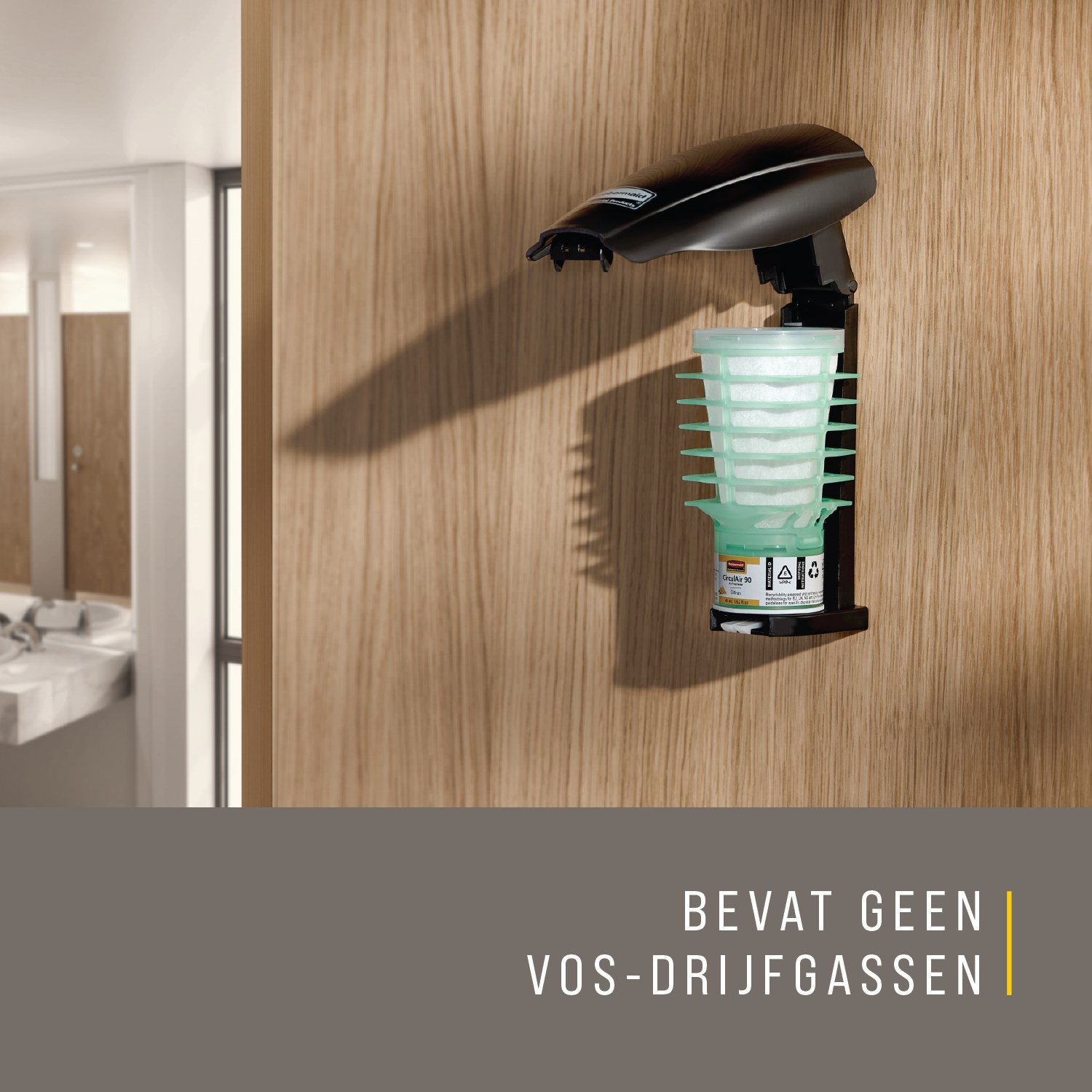 Batterijvrije passieve luchtverfrisserdispenser, compatibel met CirculAir 90™ geurvullingen, levert ononderbroken prestaties en minimaal 90 dagen geurverspreiding zonder onderhoud.