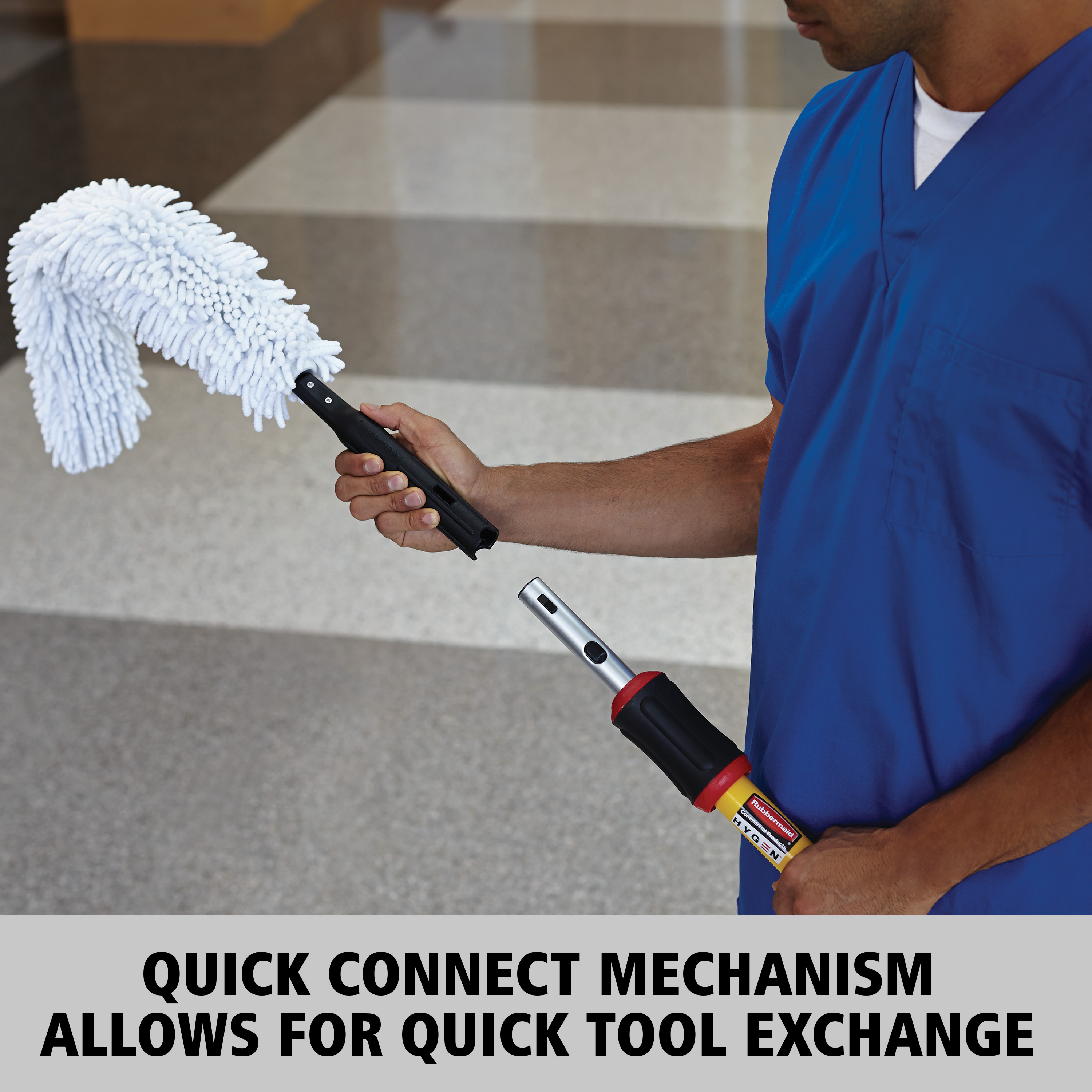 The Rubbermaid Commercial HYGEN™ Quick-Connect handles and poles make cleaning more efficient in every area of the facility. The unique connection mechanism allows for easy, time-saving tool exchange.