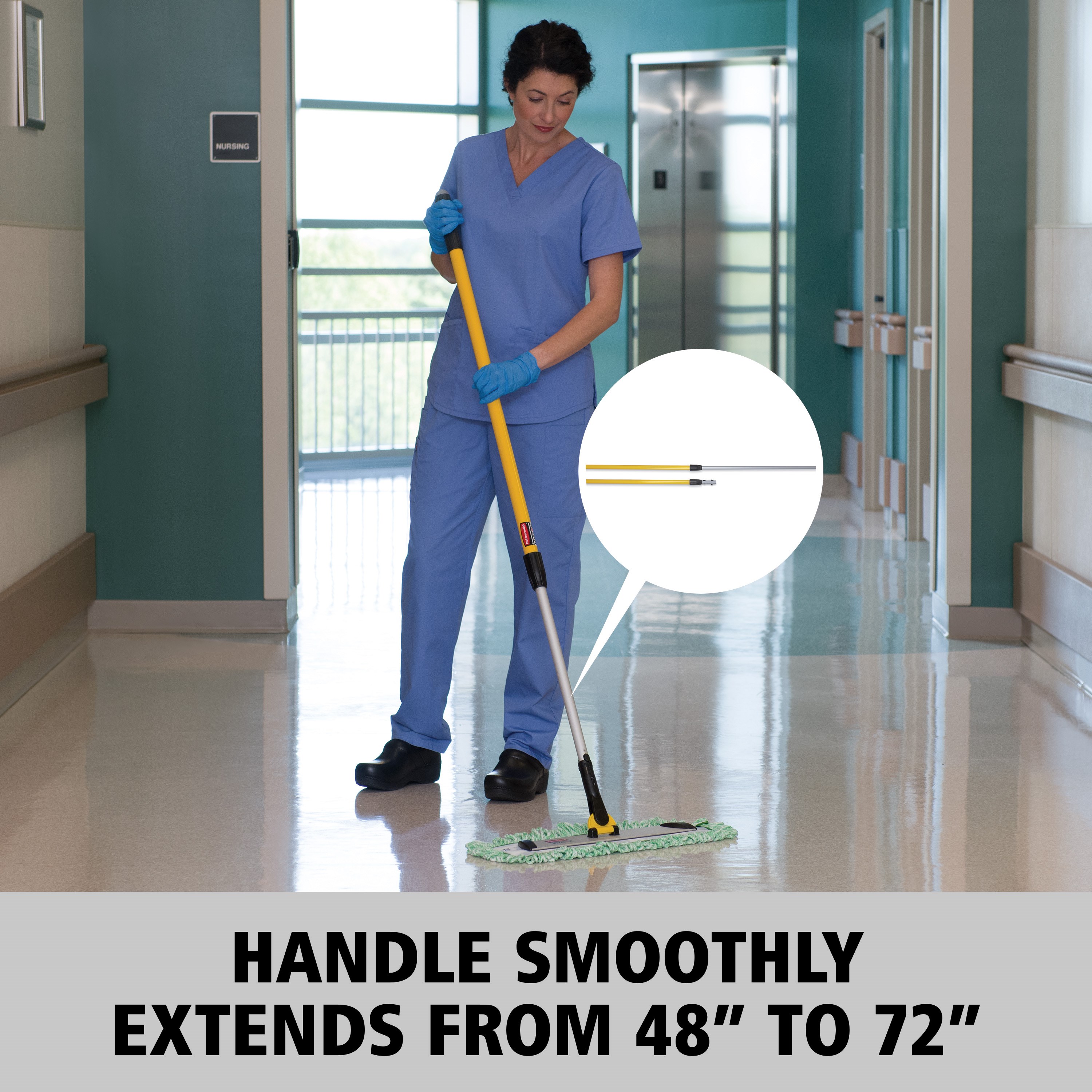 HYGEN™ Quick-Connect handles and poles make cleaning more efficient in every area of the facility by reaching the highest spaces with ease. The unique connection mechanism allows for easy, time-saving tool exchange.