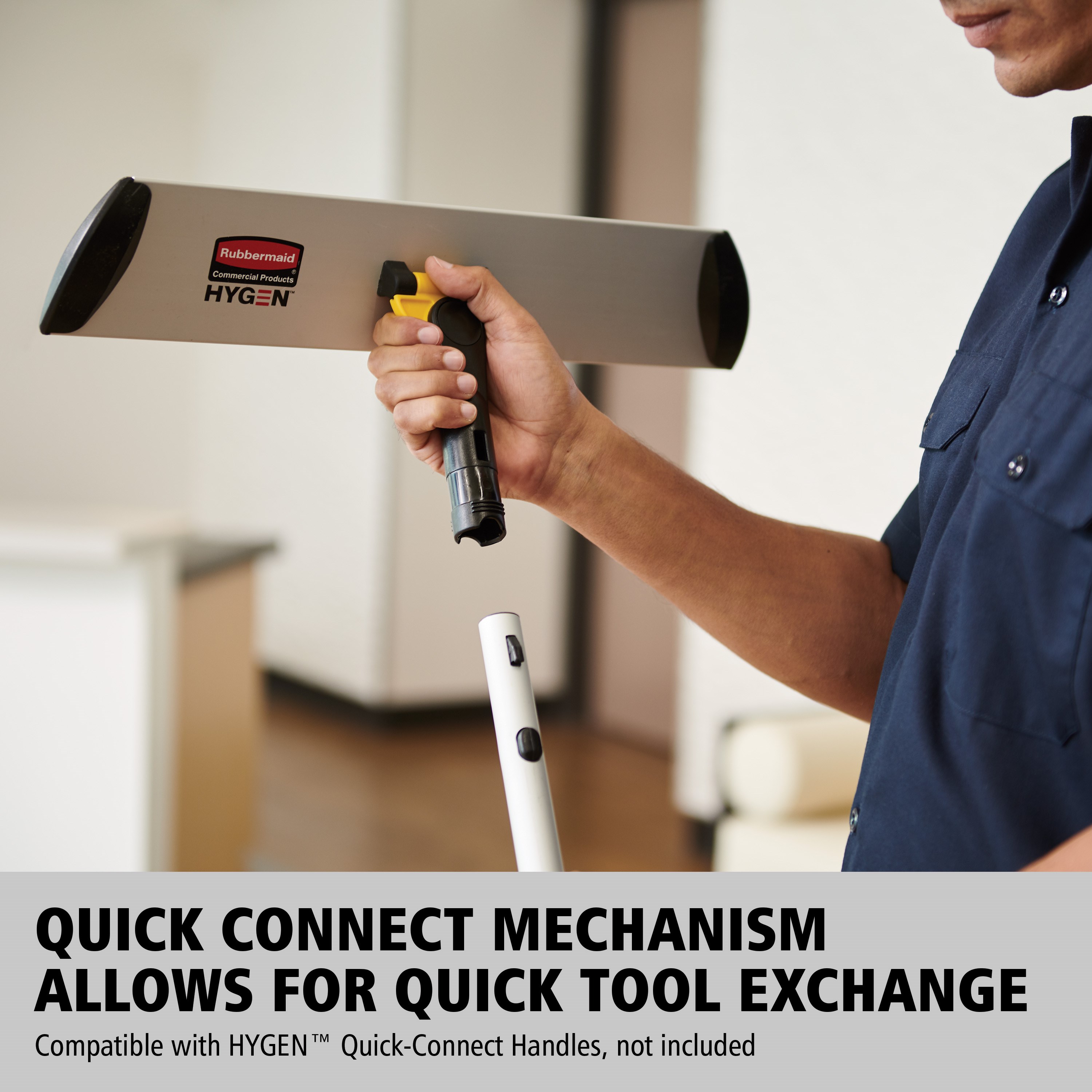 HYGEN™ Quick-Connect handles and poles make cleaning more efficient in every area of the facility by reaching the highest spaces with ease. The unique connection mechanism allows for easy, time-saving tool exchange.
