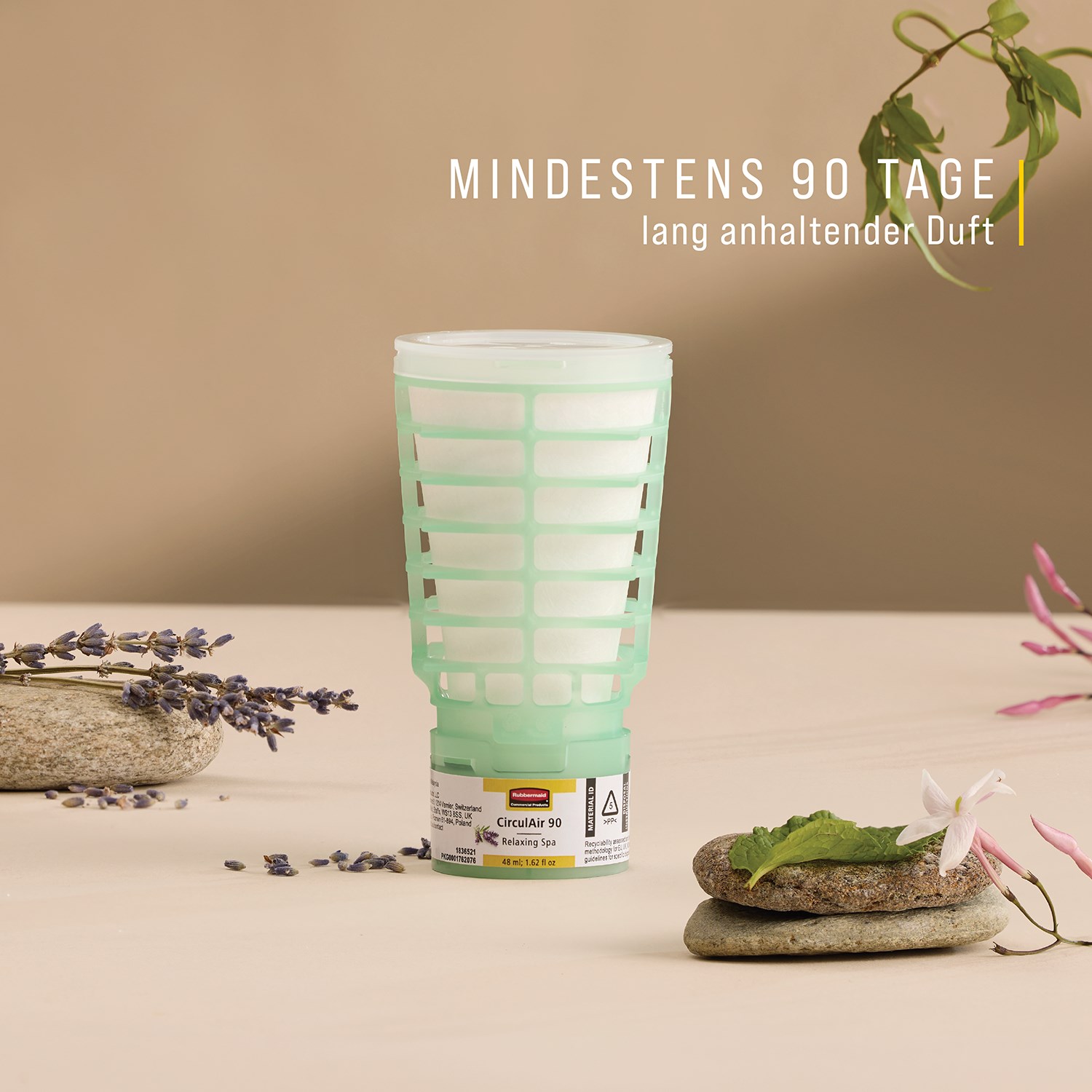 Die CirculAir 90™ Relaxing Spa‑Nachfüllung von Rubbermaid Commercial Products® wurde entwickelt, um eine zuverlässige Luftpflegeleistung mit bestätigter Recyclingfähigkeit zu gewährleisten. Die Nachfüllung besteht aus einem einzigen Material, ist vollständig recycelbar und erfordert kein Zerlegen (EU, UK, NO, CH).