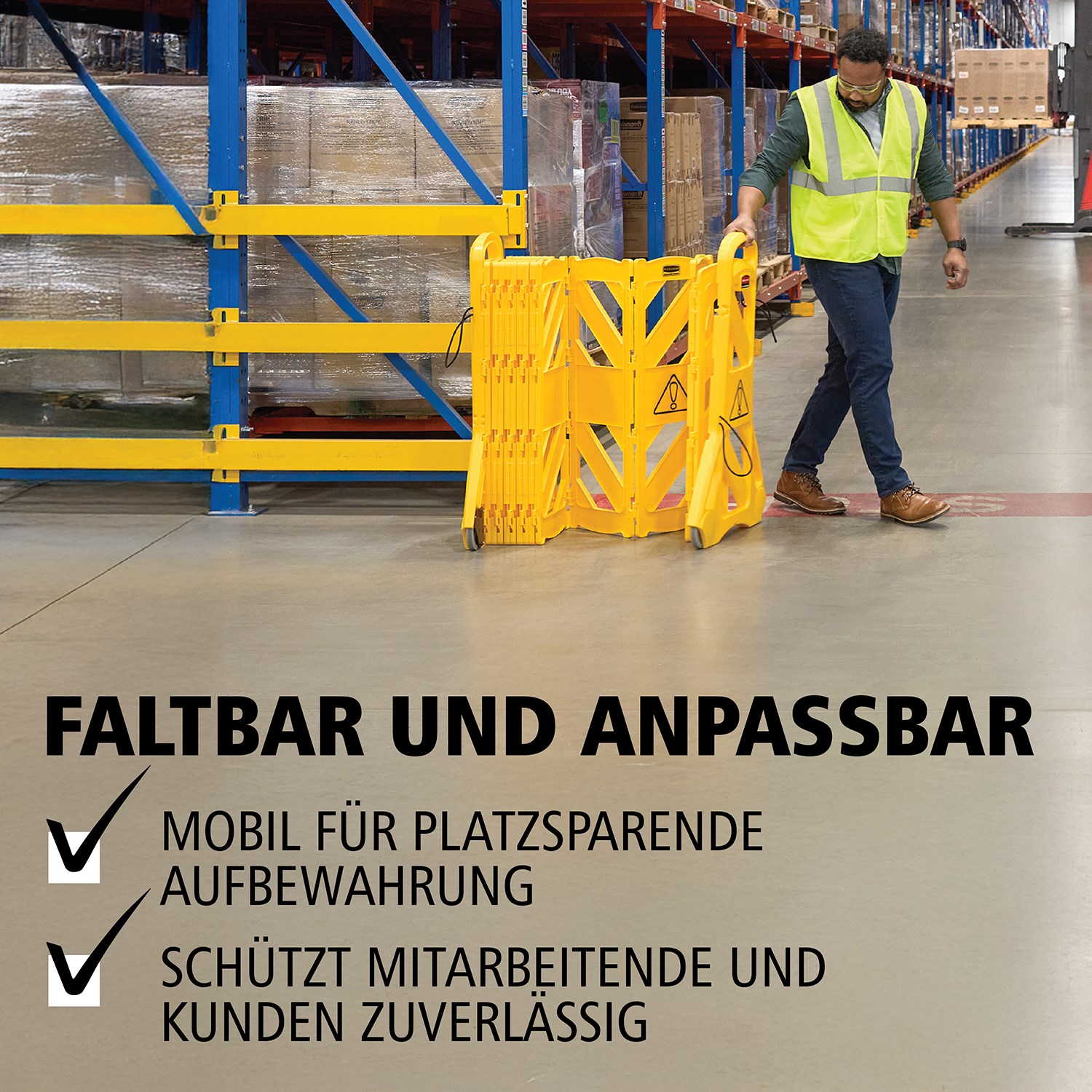 Einfach zu bedienen, gut zu sehen, schnell zu bewegen und leicht zu verstauen: Die mobile Absperrung besteht aus beweglichen Elementen mit einer Gesamtlänge von bis zu 4 Metern. Sie kann gerade, gebogen oder kreisförmig eingesetzt werden. ANSI- / OSHA-konforme Farben.