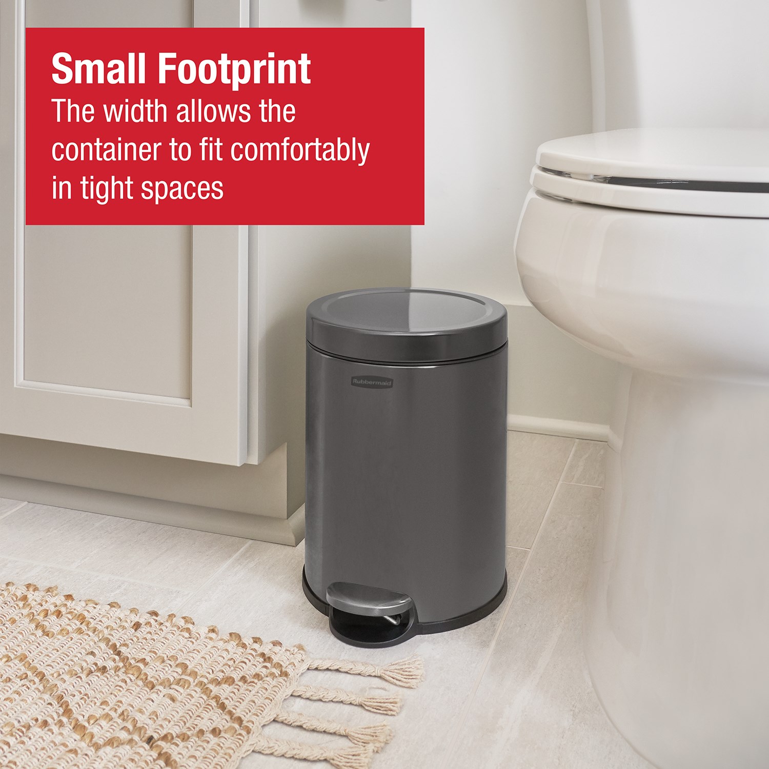 Compact 6L stainless steel step-on bin with lid, ideal for washrooms and hotel rooms.
Rubbermaid design with slow-close lid, fingerprint-resistant finish, and removable liner. Rubbermaid hands-free pedal and slow-close lid, ideal for offices, hotels, and washrooms.