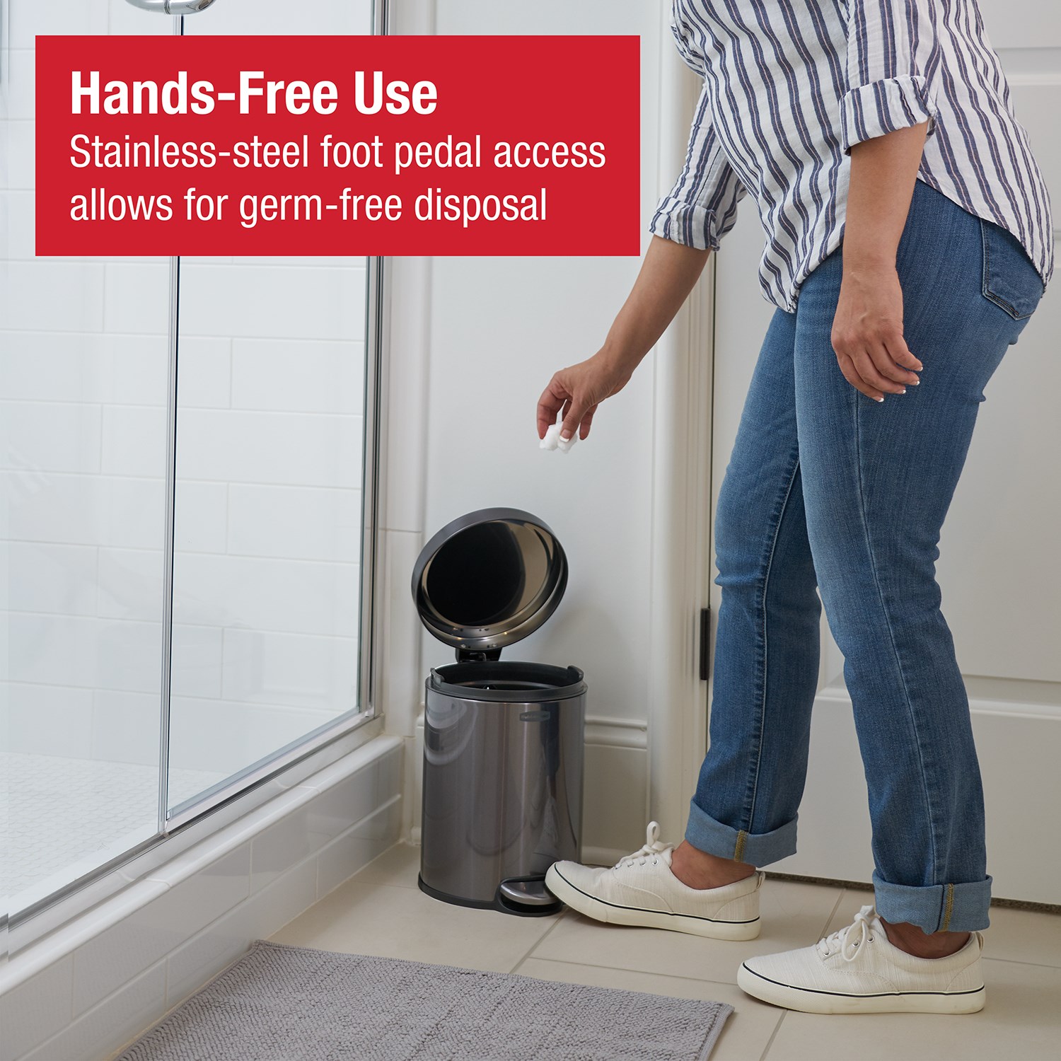 Compact 6L stainless steel step-on bin with lid, ideal for washrooms and hotel rooms.
Rubbermaid design with slow-close lid, fingerprint-resistant finish, and removable liner. Rubbermaid hands-free pedal and slow-close lid, ideal for offices, hotels, and washrooms.