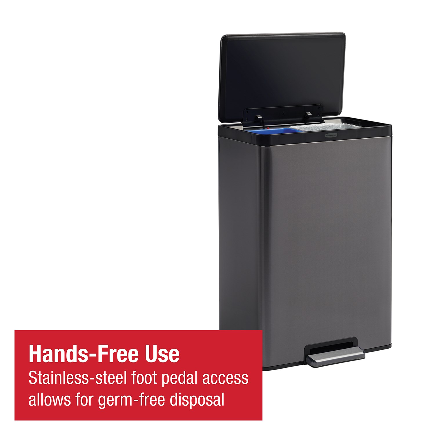 Space-saving 39L dual stream step-on bin for efficient waste and recycling separation.
Rubbermaid charcoal stainless steel finish resists smudges with a hygienic pedal design.