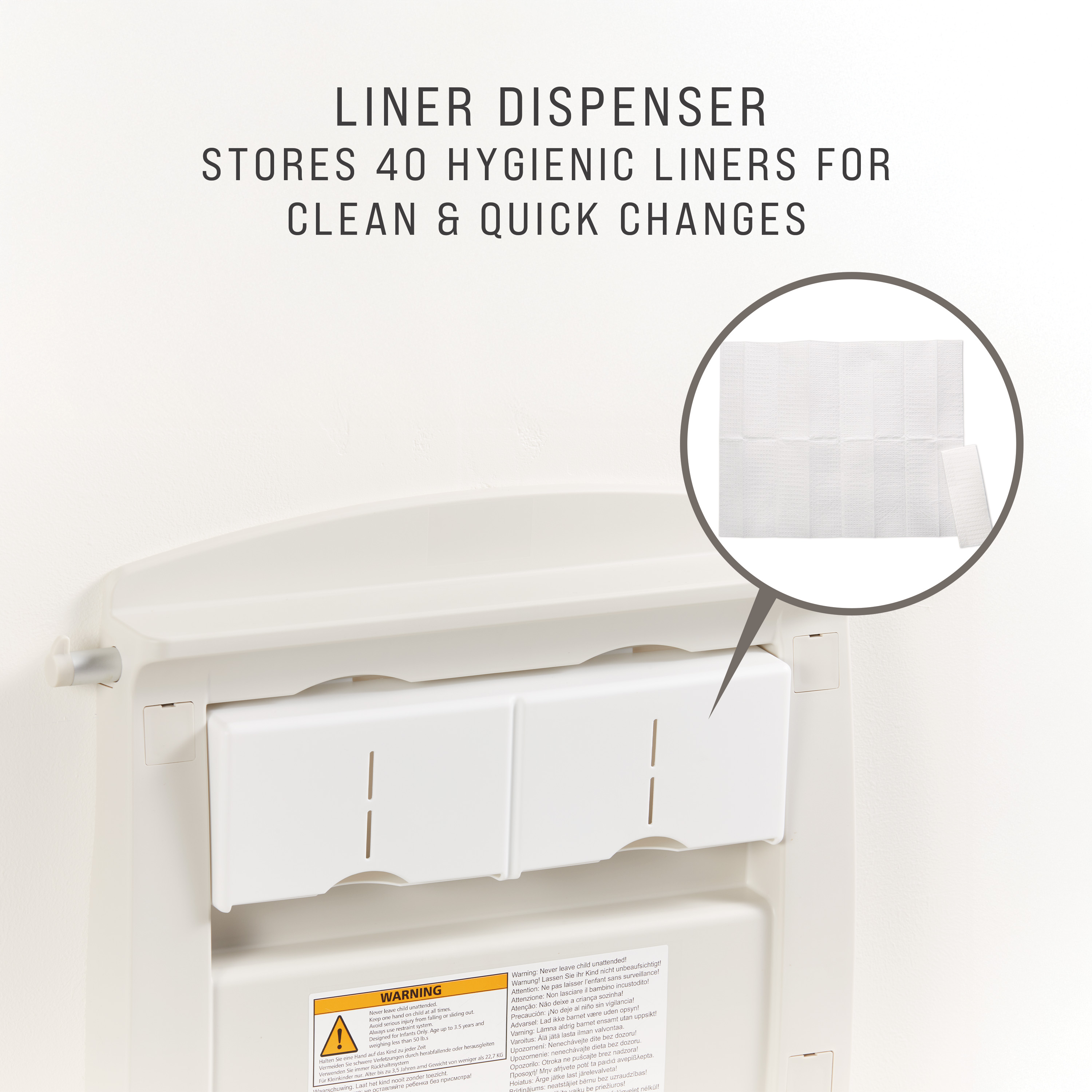 Hecho con polipropileno de alta densidad para reducir la absorción de humedad, el cambiador de bebés cumple con todos los estándares de seguridad ASTM, ADA y EN globales.