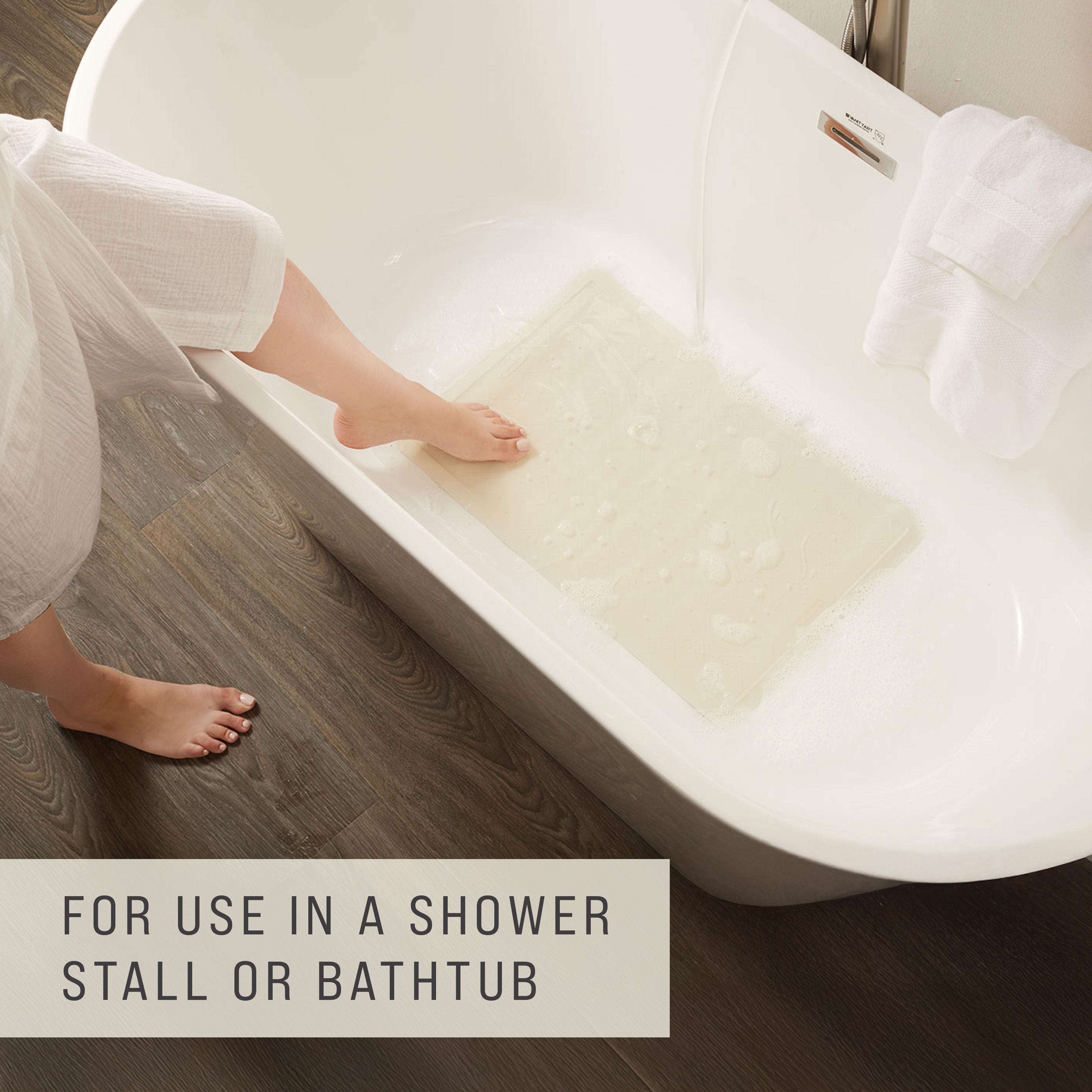 Safti-Grip® Bath Mat is perfect for a shower stall or bathtub. Suction-backed to stay firmly in place. Latex-free construction. Textured surface prevents slippage. Shower mat is perforated for improved drainage. Mildew-resistant.