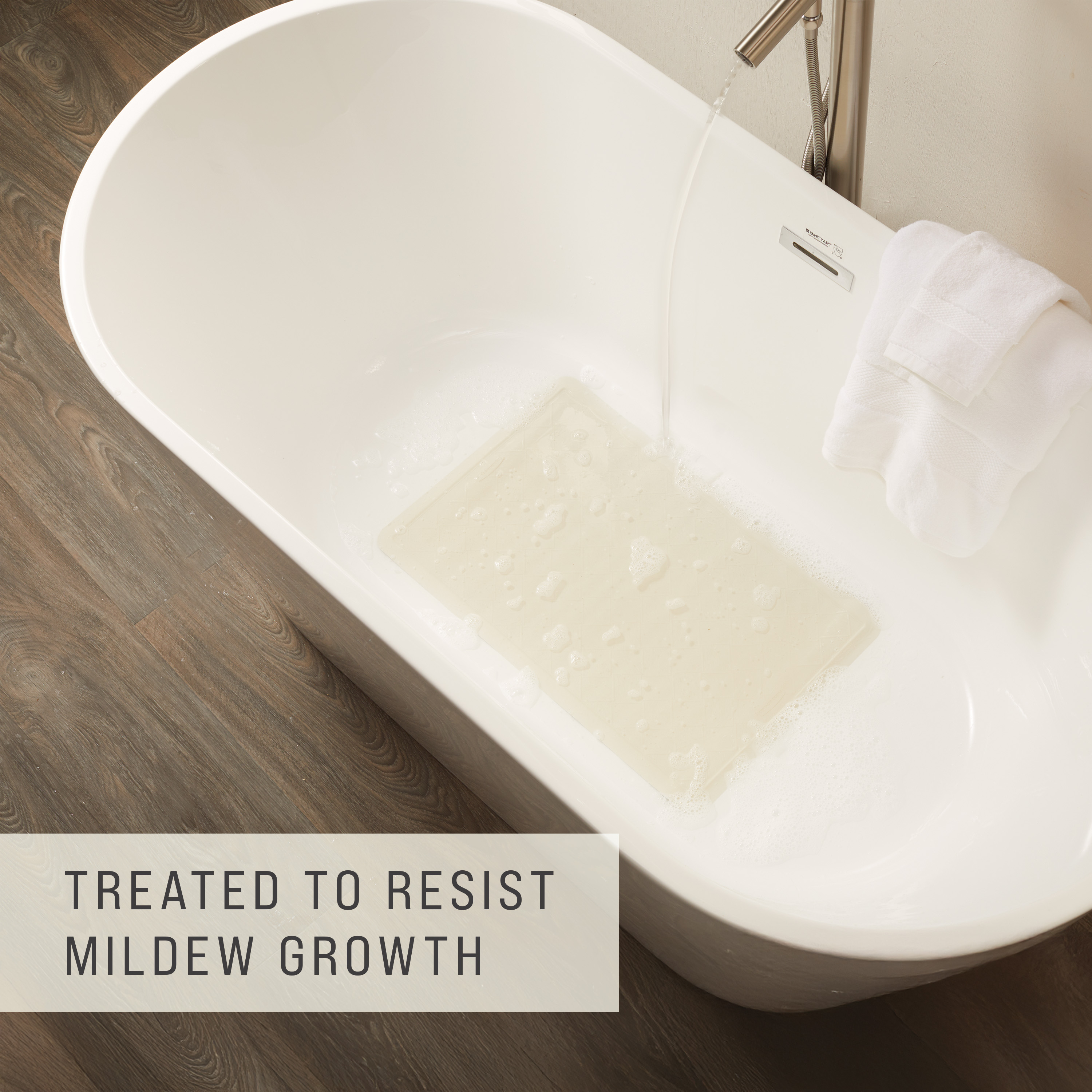 Safti-Grip® Bath Mat is perfect for a shower stall or bathtub. Suction-backed to stay firmly in place. Latex-free construction. Textured surface prevents slippage. Shower mat is perforated for improved drainage. Mildew-resistant.