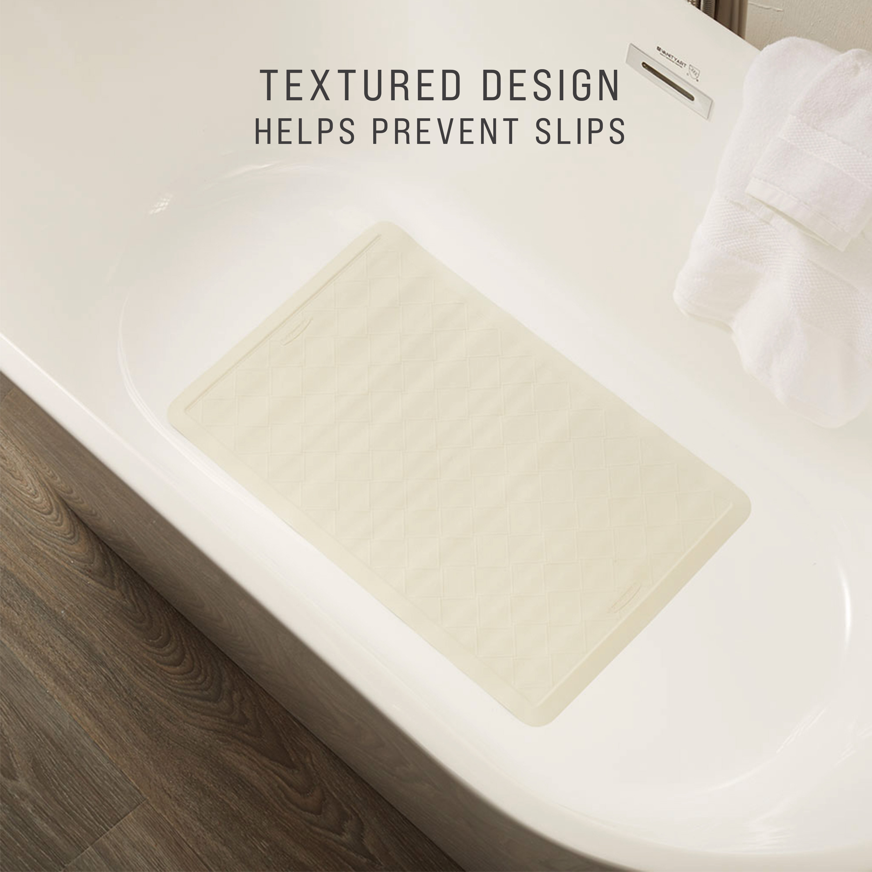 Safti-Grip® Bath Mat is perfect for a shower stall or bathtub. Suction-backed to stay firmly in place. Latex-free construction. Textured surface prevents slippage. Shower mat is perforated for improved drainage. Mildew-resistant.