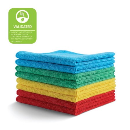 HYGEN™ r-40 Recycled Microfiber Cloths are made with 40% post-consumer recycled polyester and engineered for superior performance and durability. Designed to withstand 200 commercial launderings (100 with bleach), while retaining bright colours for easy colour coding.