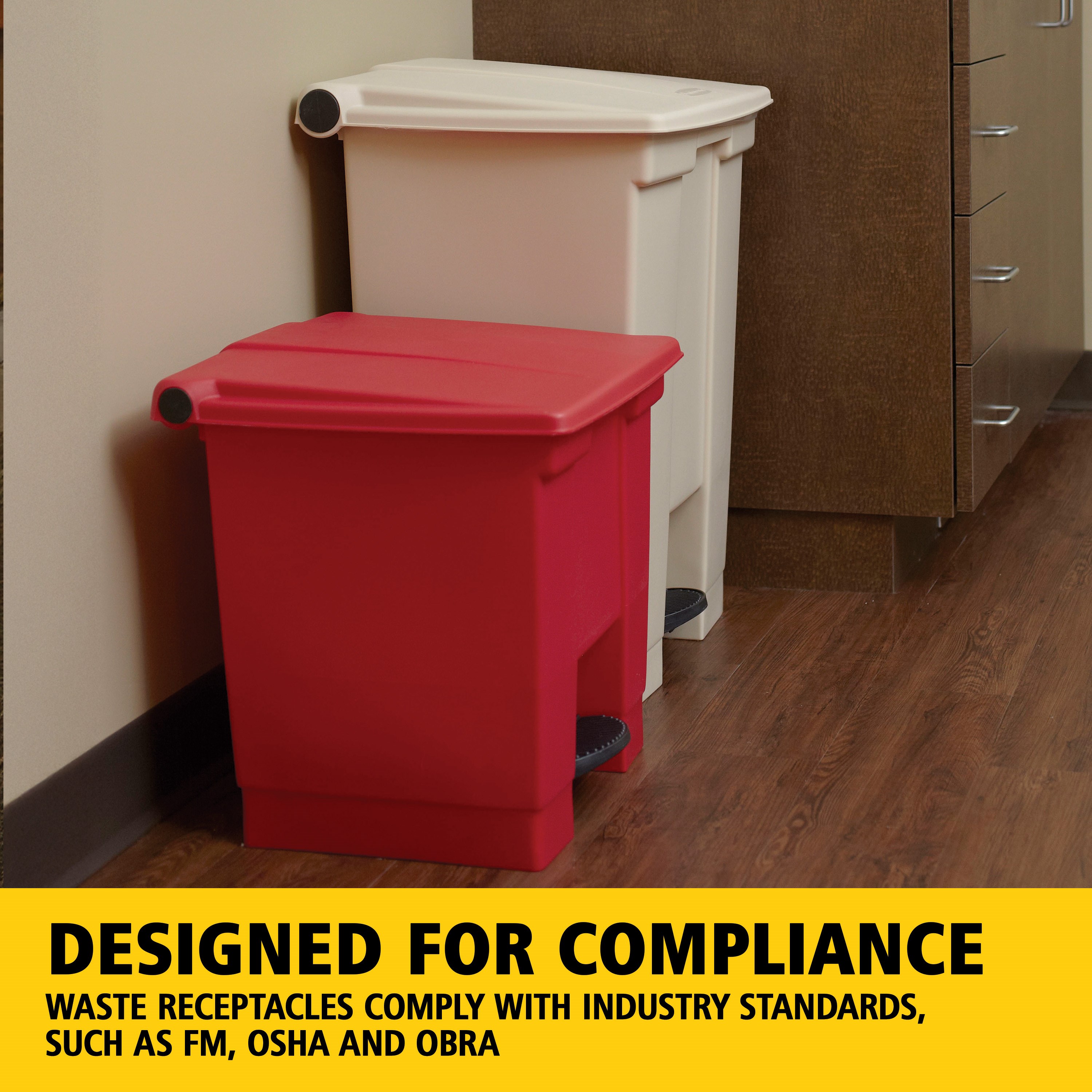 The Rubbermaid Commercial Legacy Step-On Container provides sanitary waste management. The step-on foot pedal reduces contamination and improves working conditions.