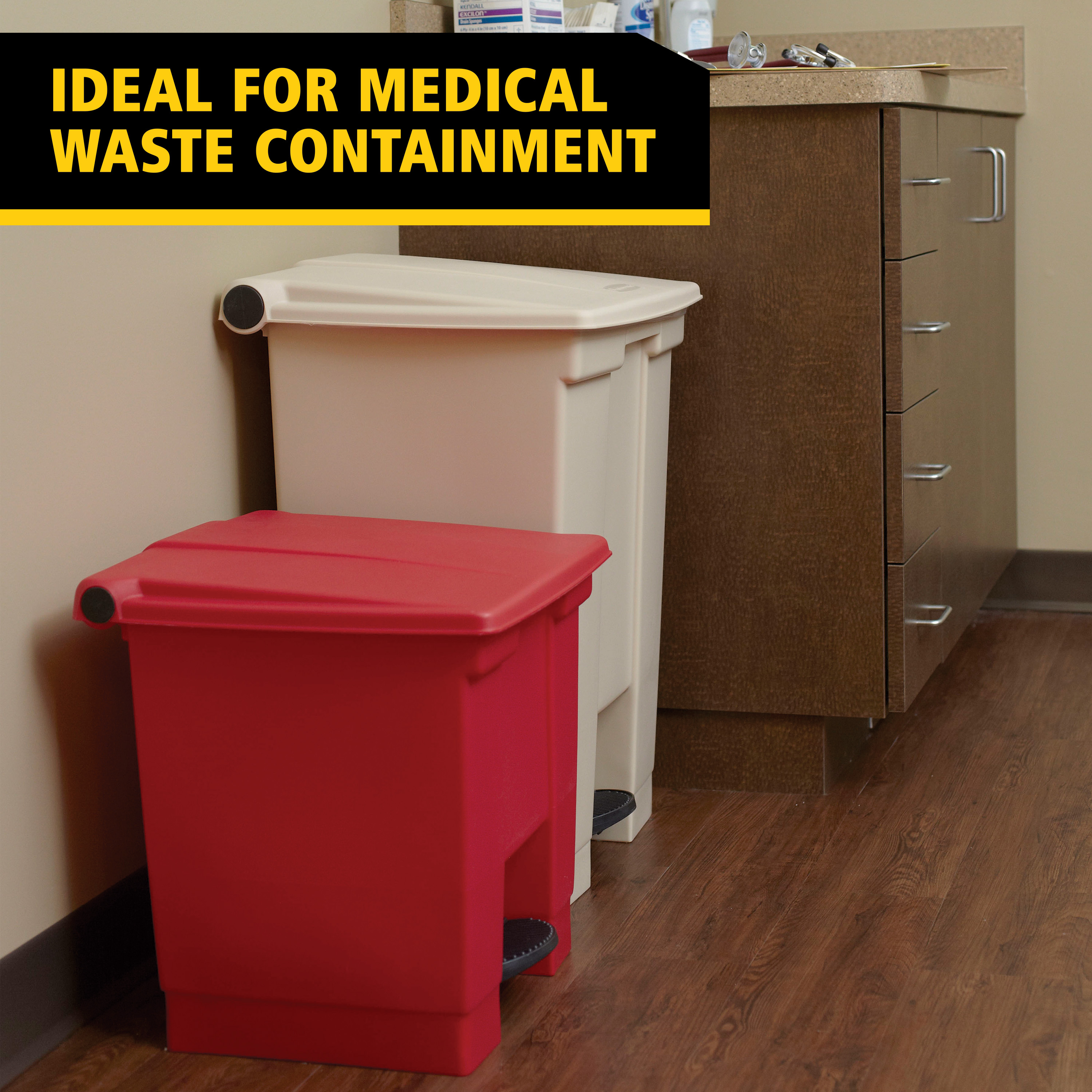 The Rubbermaid Commercial Step-On Container provides sanitary waste management.