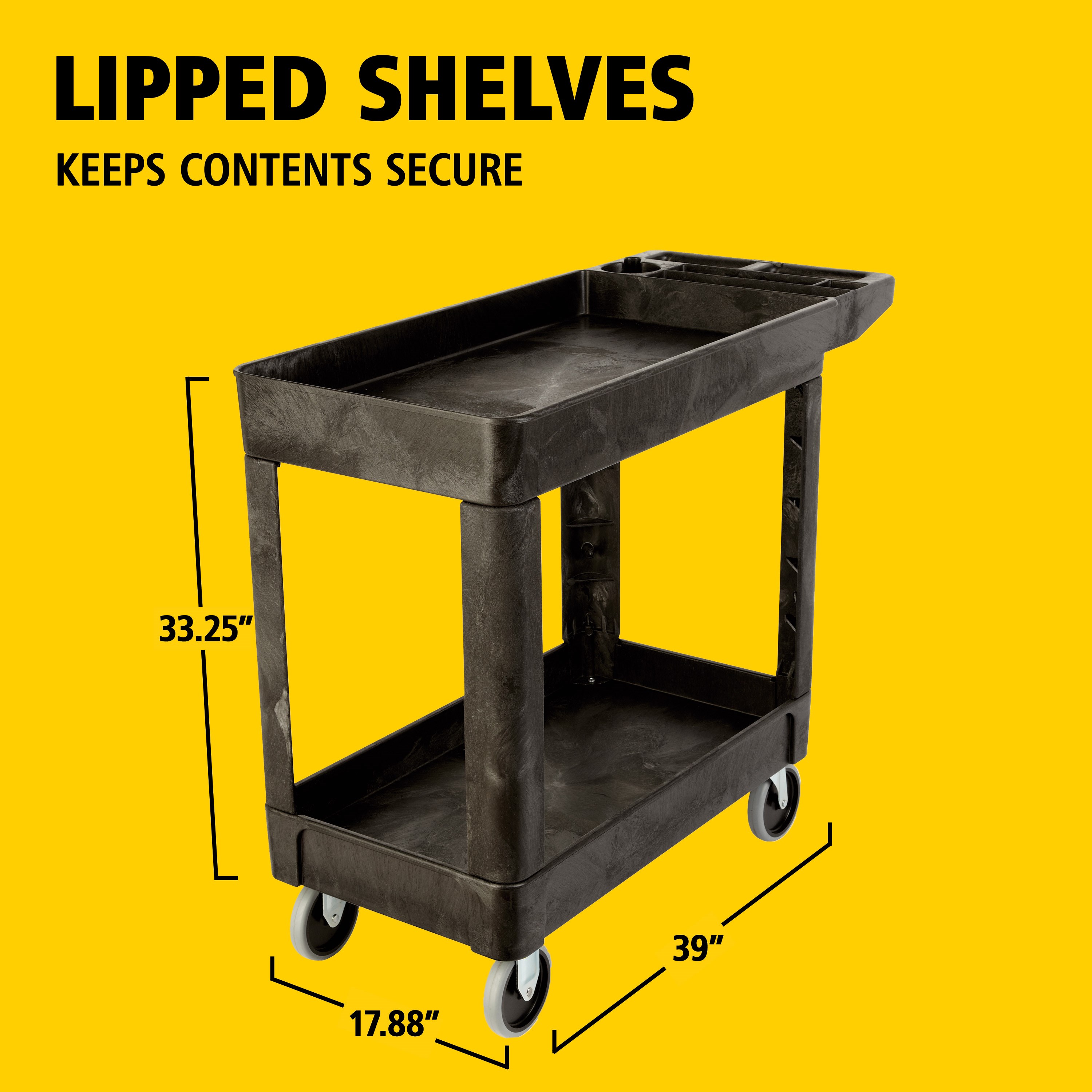 Heavy-Duty Utility Cart with Lipped Shelf transports materials, supplies, and heavy loads securely with up to 500 lbs. load capacity. The lipped shelves prevents items from falling off the cart and features an integrated V-notch to hold pipe and conduit securely for safe cutting.