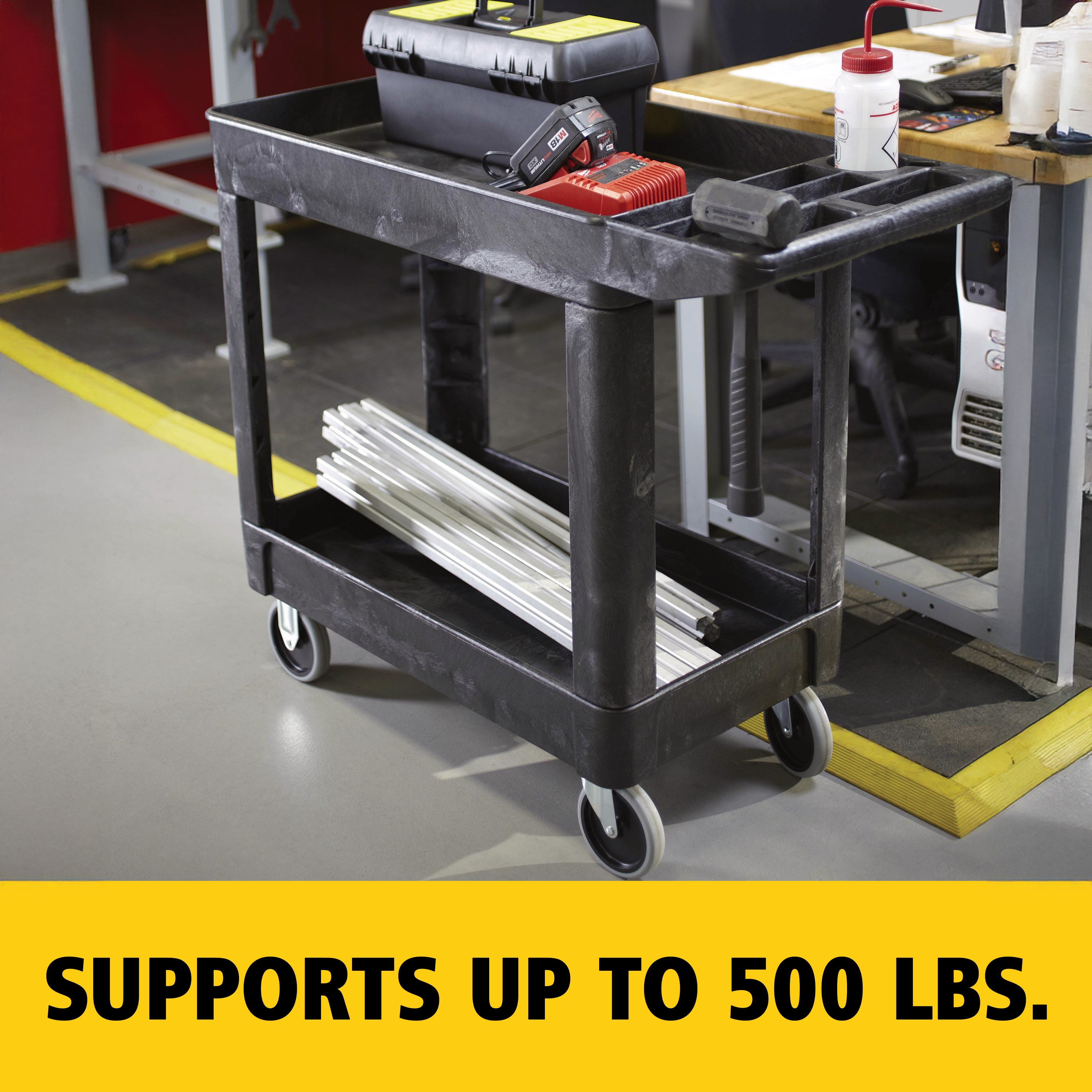 Heavy-Duty Utility Cart with Lipped Shelf transports materials, supplies, and heavy loads securely with up to 500 lbs. load capacity. The lipped shelves prevents items from falling off the cart and features an integrated V-notch to hold pipe and conduit securely for safe cutting.
