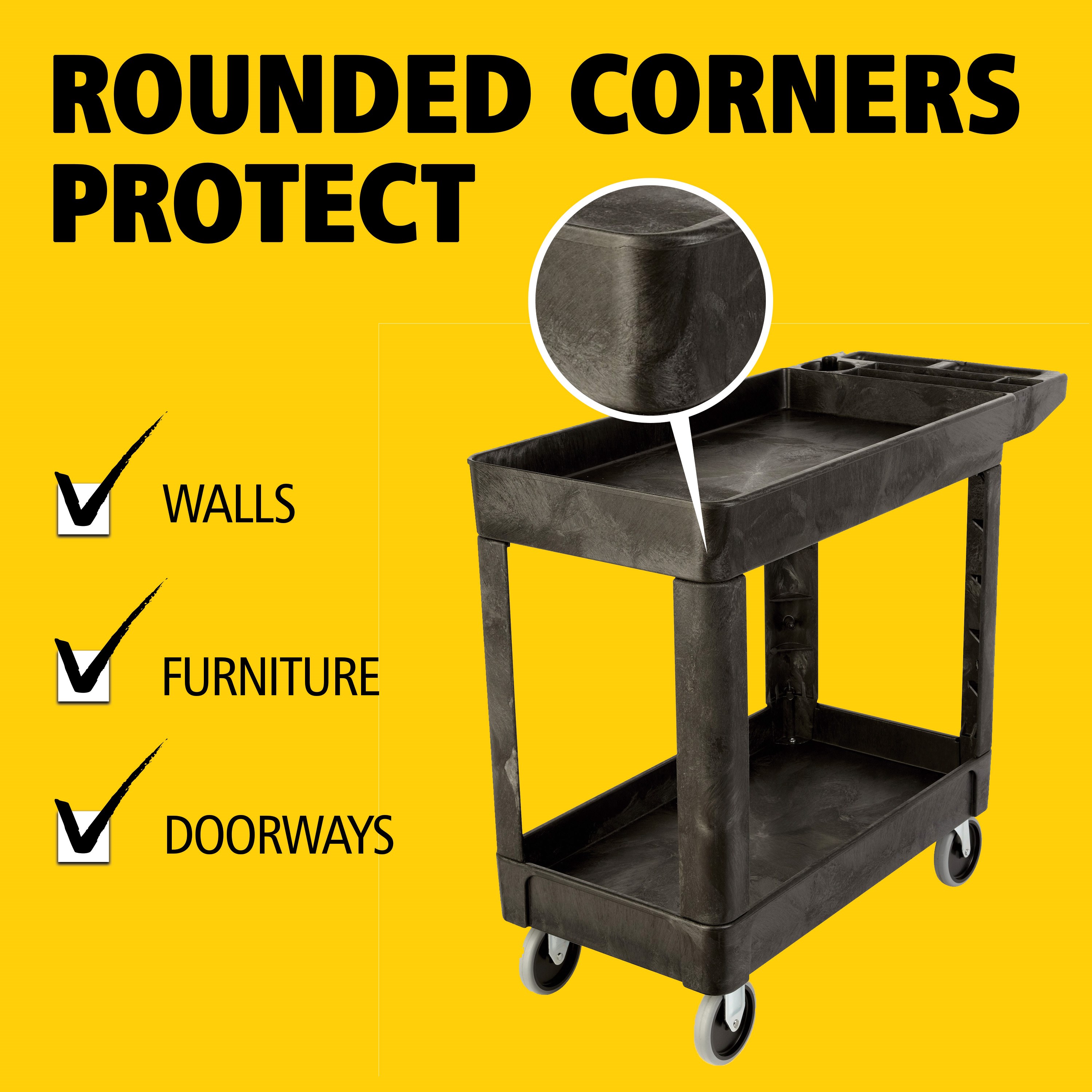 Heavy-Duty Utility Cart with Lipped Shelf transports materials, supplies, and heavy loads securely with up to 500 lbs. load capacity. The lipped shelves prevents items from falling off the cart and features an integrated V-notch to hold pipe and conduit securely for safe cutting.