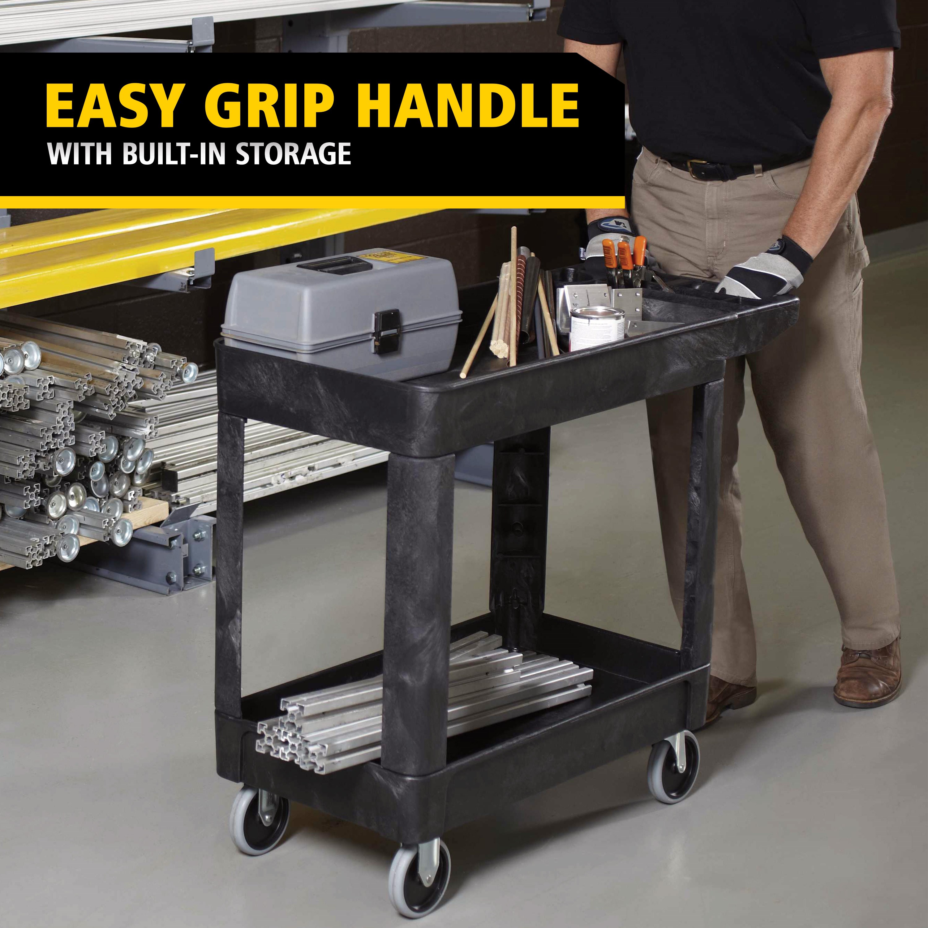 Heavy-Duty Utility Cart with Lipped Shelf transports materials, supplies, and heavy loads securely with up to 500 lbs. load capacity. The lipped shelves prevents items from falling off the cart and features an integrated V-notch to hold pipe and conduit securely for safe cutting.