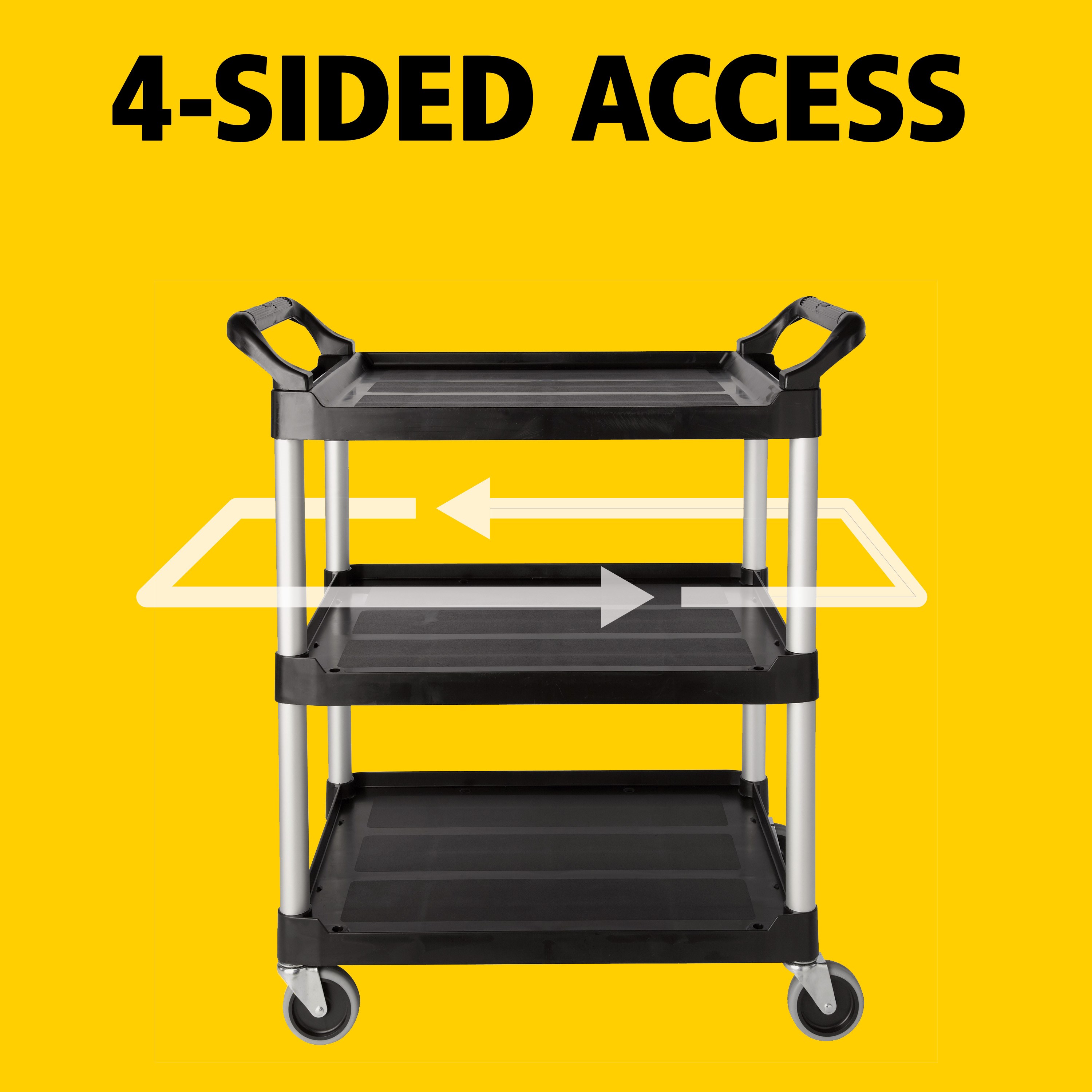 Service Utility Cart with 4-inch Swivel Casters is a versatile, durable cart that can perform a wide variety of tasks. This rolling utility cart has non-marking swivel casters for smooth movement and raised arms on both sides for easy maneuverability.