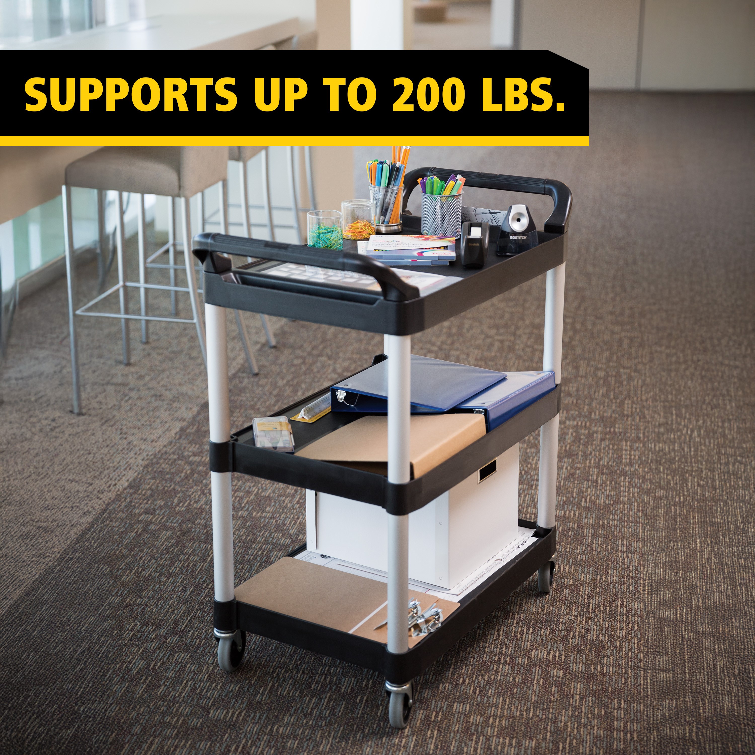 Service Utility Cart with 4-inch Swivel Casters is a versatile, durable cart that can perform a wide variety of tasks. This rolling utility cart has non-marking swivel casters for smooth movement and raised arms on both sides for easy maneuverability.