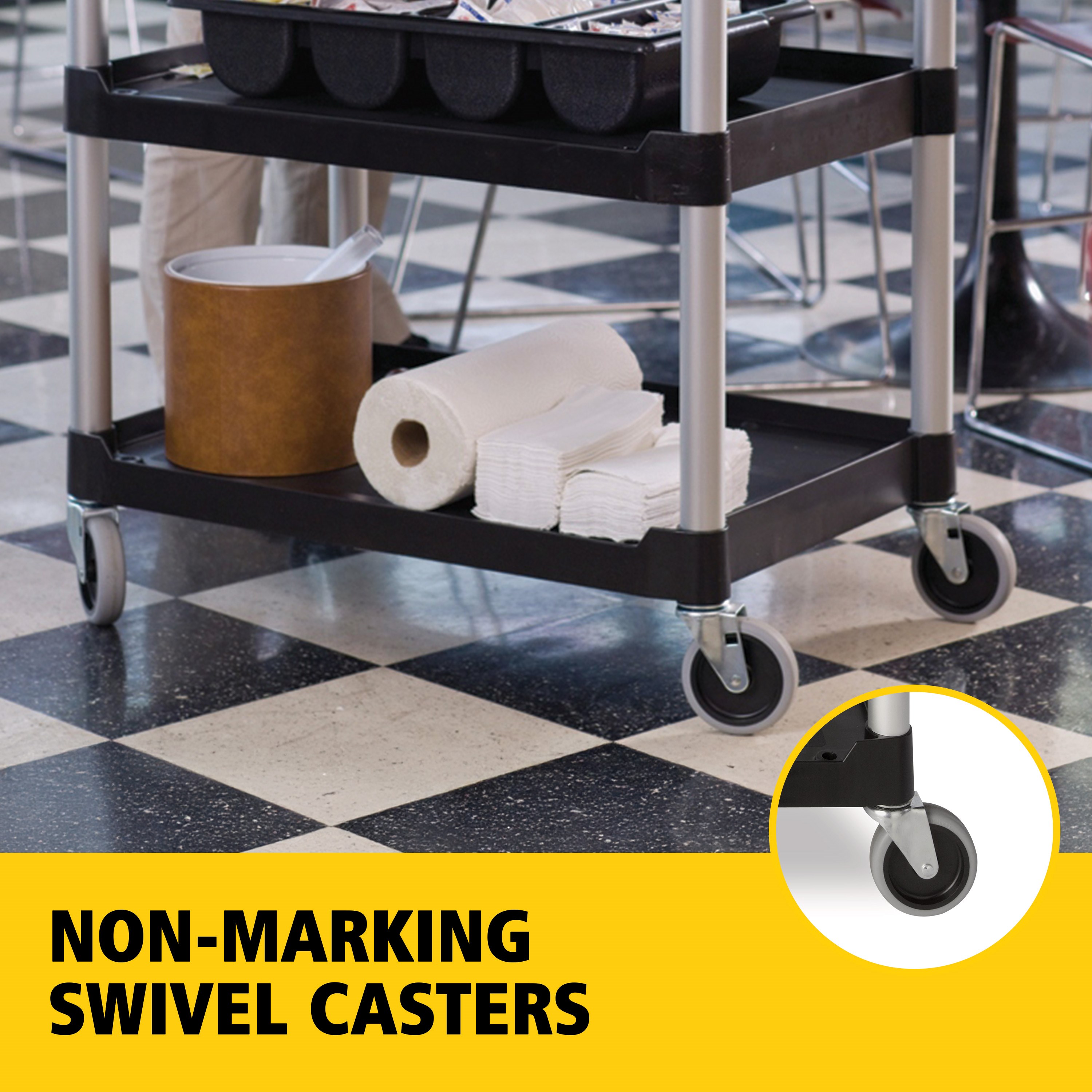 Service Utility Cart with 4-inch Swivel Casters is a versatile, durable cart that can perform a wide variety of tasks. This rolling utility cart has non-marking swivel casters for smooth movement and raised arms on both sides for easy maneuverability.