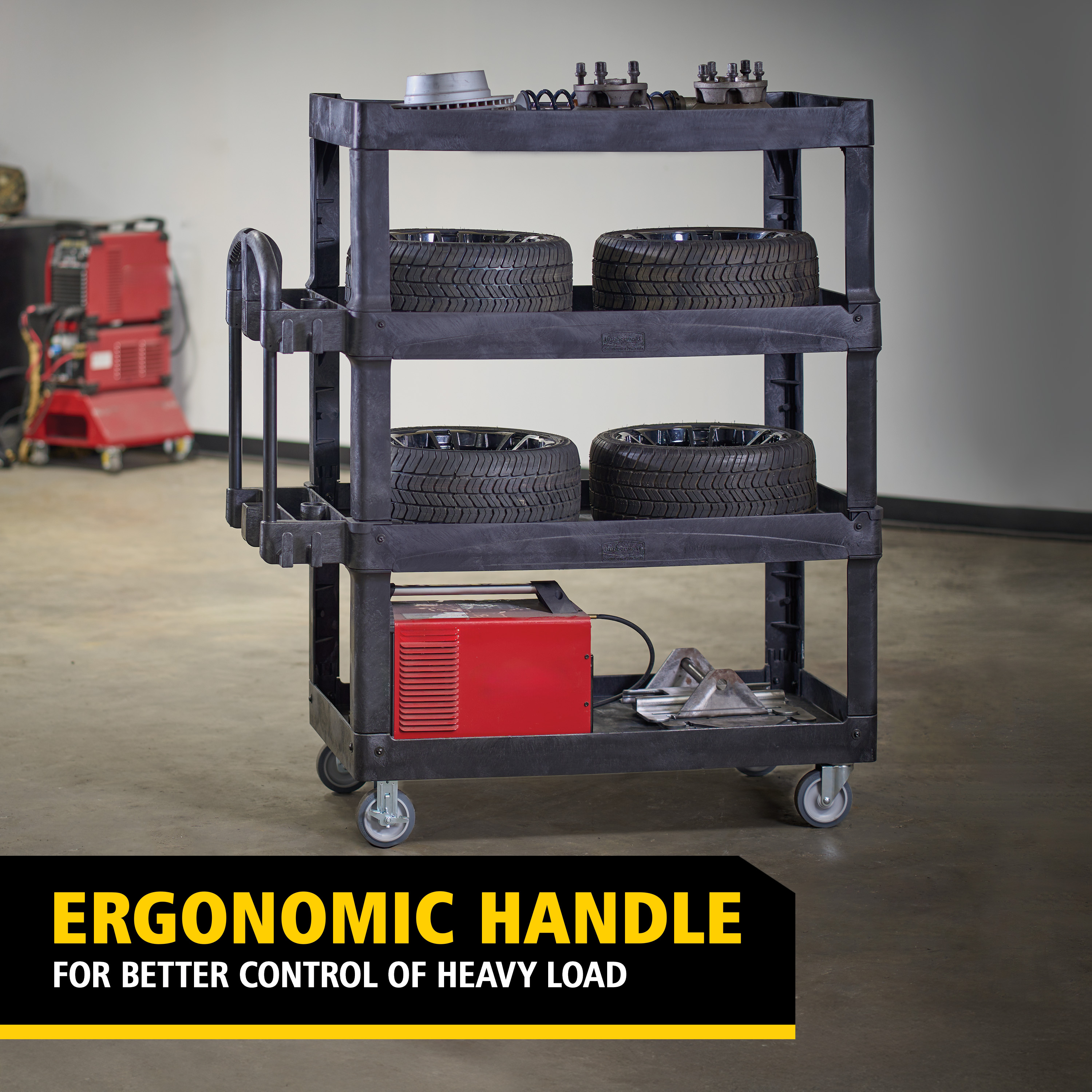 The BRUTE Heavy-Duty Utility Cart with Lipped Shelf transports materials, supplies, and heavy loads securely with up to 226Kg - 340Kg (size dependent) and option of 2,3 & 4 shelves for increased capacity. The lipped shelves prevents items from falling off the cart and features a premium ergonomic handle for easy manoeuvrability and integrated V-notch to hold pipe and conduit securely for safe cutting.
