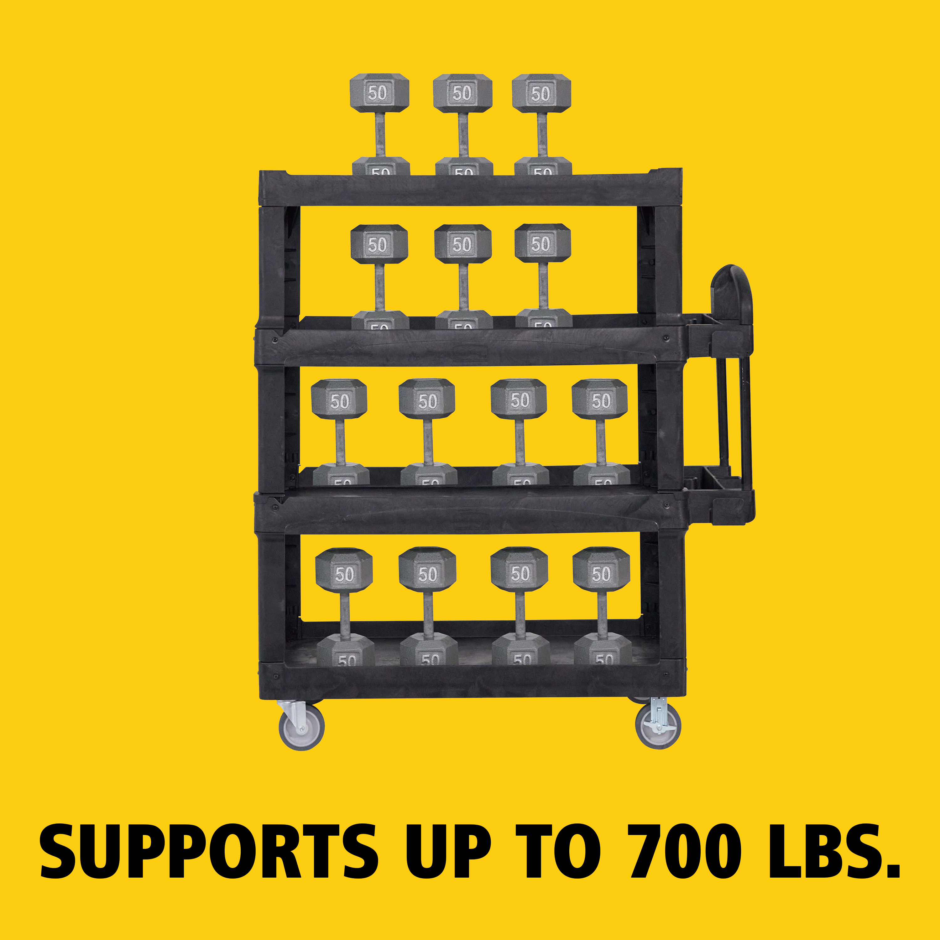 The BRUTE Heavy-Duty Utility Cart with Lipped Shelf transports materials, supplies, and heavy loads securely with up to 226Kg - 340Kg (size dependent) and option of 2,3 & 4 shelves for increased capacity. The lipped shelves prevents items from falling off the cart and features a premium ergonomic handle for easy manoeuvrability and integrated V-notch to hold pipe and conduit securely for safe cutting.