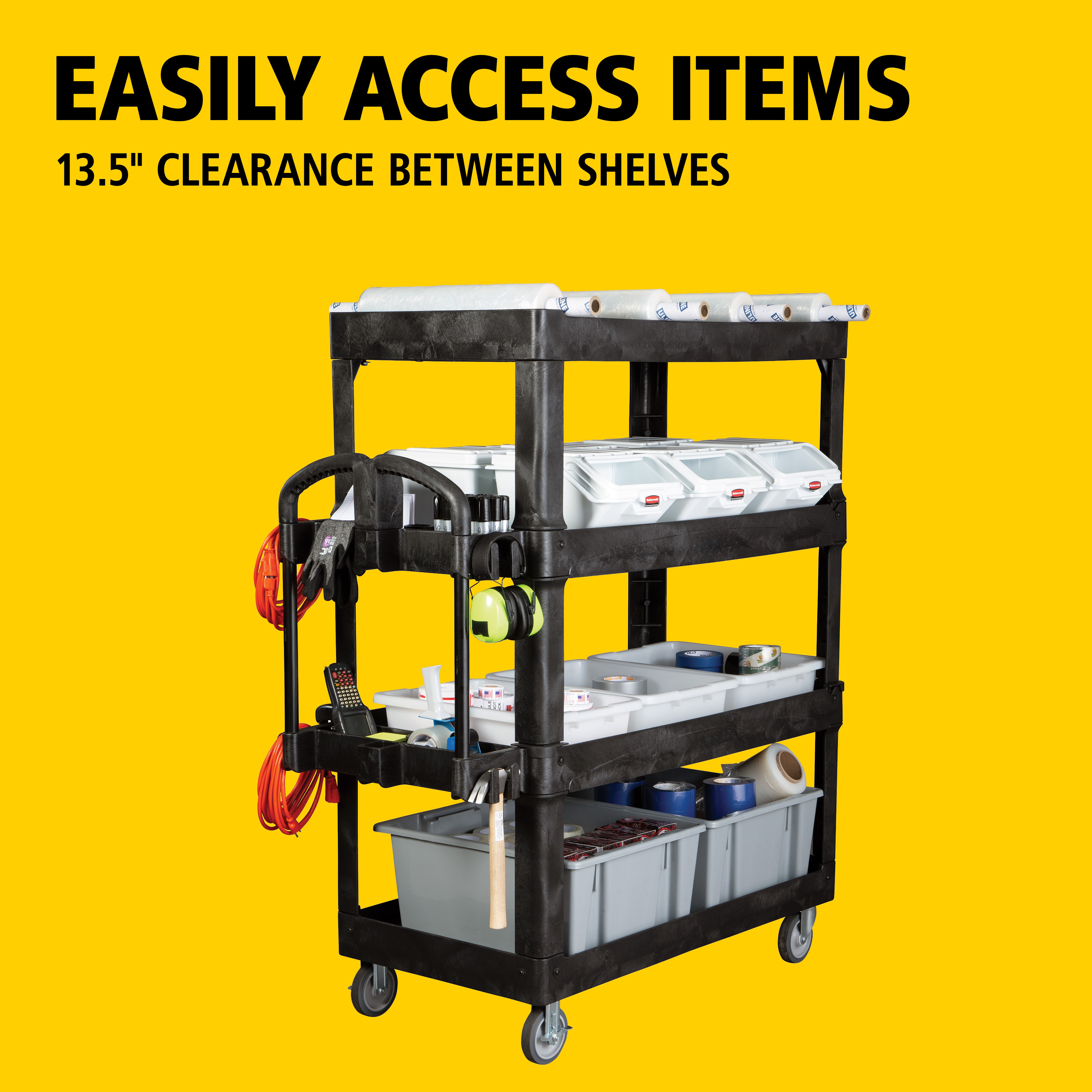 The BRUTE Heavy-Duty Utility Cart with Lipped Shelf transports materials, supplies, and heavy loads securely with up to 226Kg - 340Kg (size dependent) and option of 2,3 & 4 shelves for increased capacity. The lipped shelves prevents items from falling off the cart and features a premium ergonomic handle for easy manoeuvrability and integrated V-notch to hold pipe and conduit securely for safe cutting.