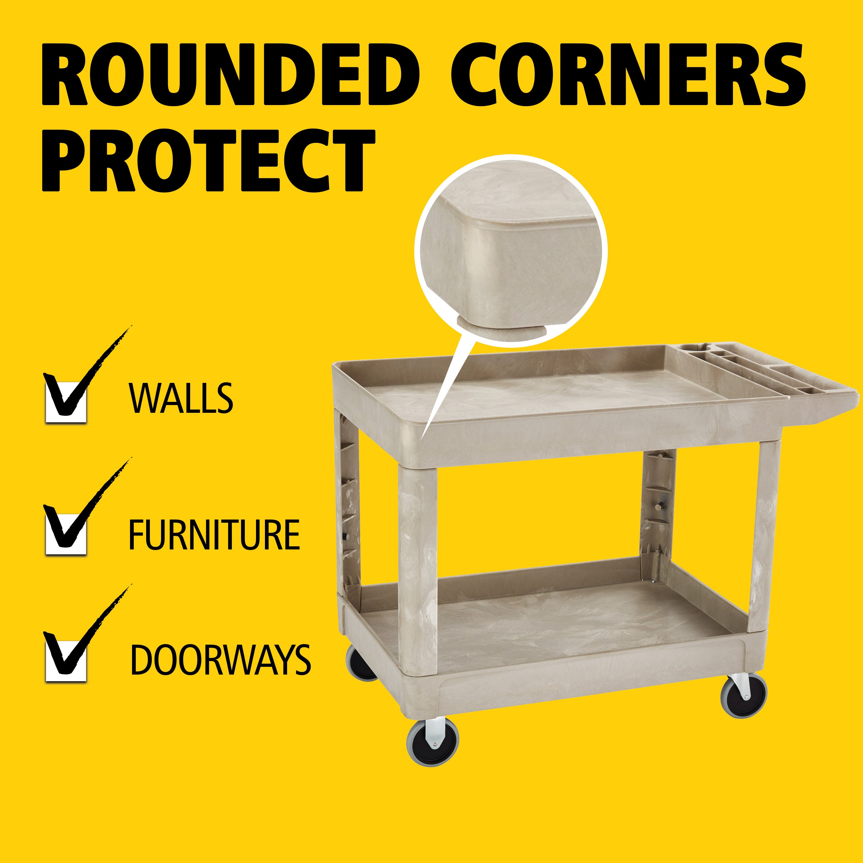 Heavy-Duty Utility Cart with Lipped Shelf transports materials, supplies, and heavy loads securely with up to 500 lbs. load capacity. The lipped shelves prevents items from falling off the cart and features an integrated V-notch to hold pipe and conduit securely for safe cutting.