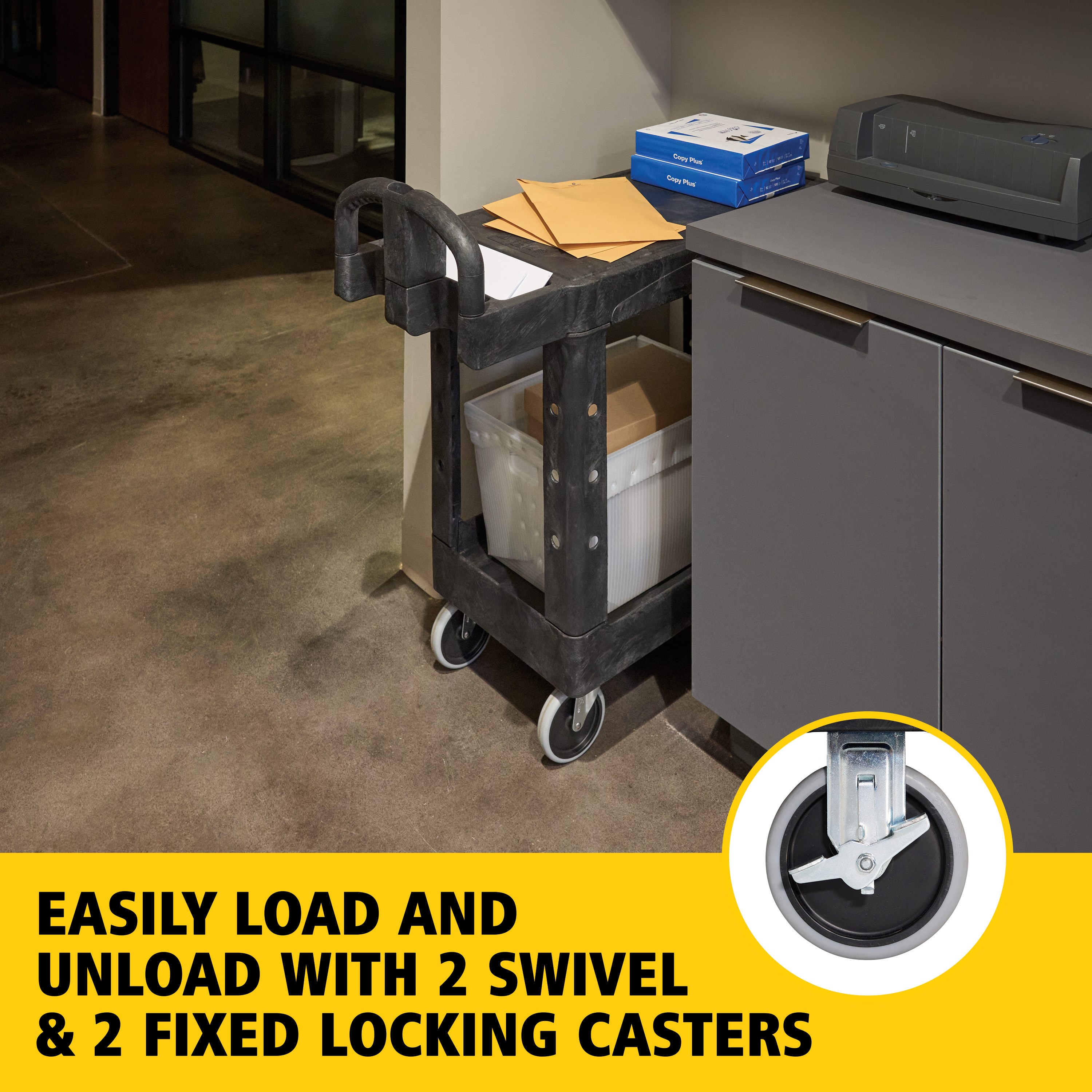 Durable versatile cart that is ideal for securely transporting materials, supplies, and heavy loads up to 500 lbs.