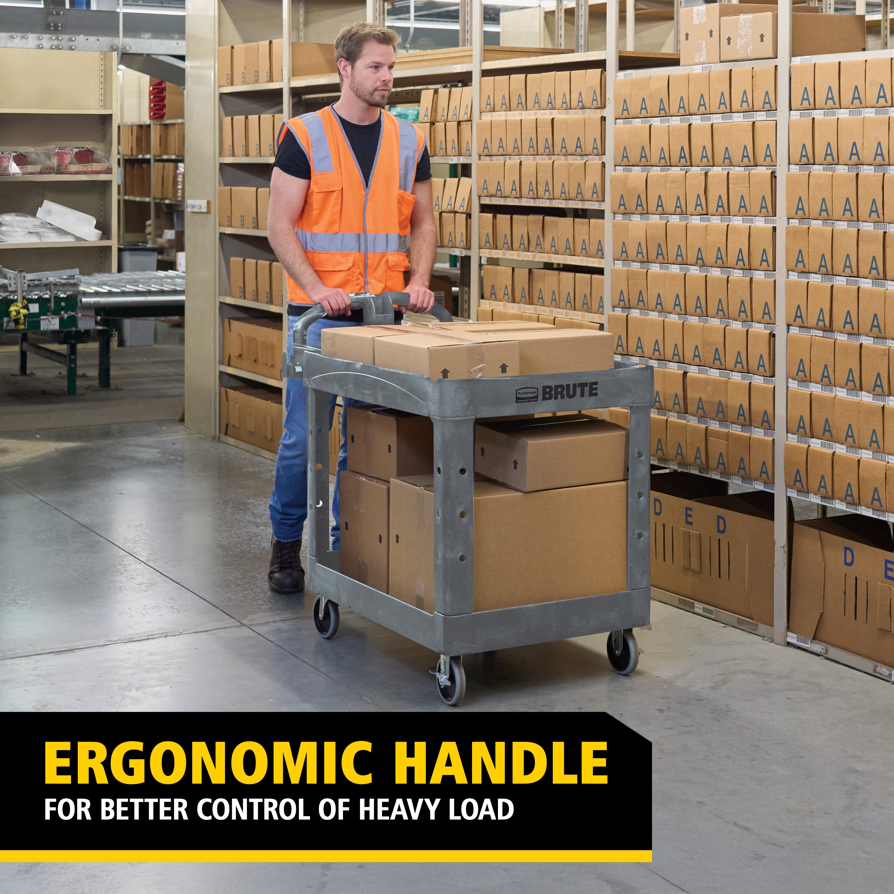 The BRUTE Heavy-Duty Utility Cart with Lipped Shelf transports materials, supplies, and heavy loads securely with up to 750 lbs. load capacity. The lipped shelves prevents items from falling off the cart and features an integrated V-notch to hold pipe and conduit securely for safe cutting.