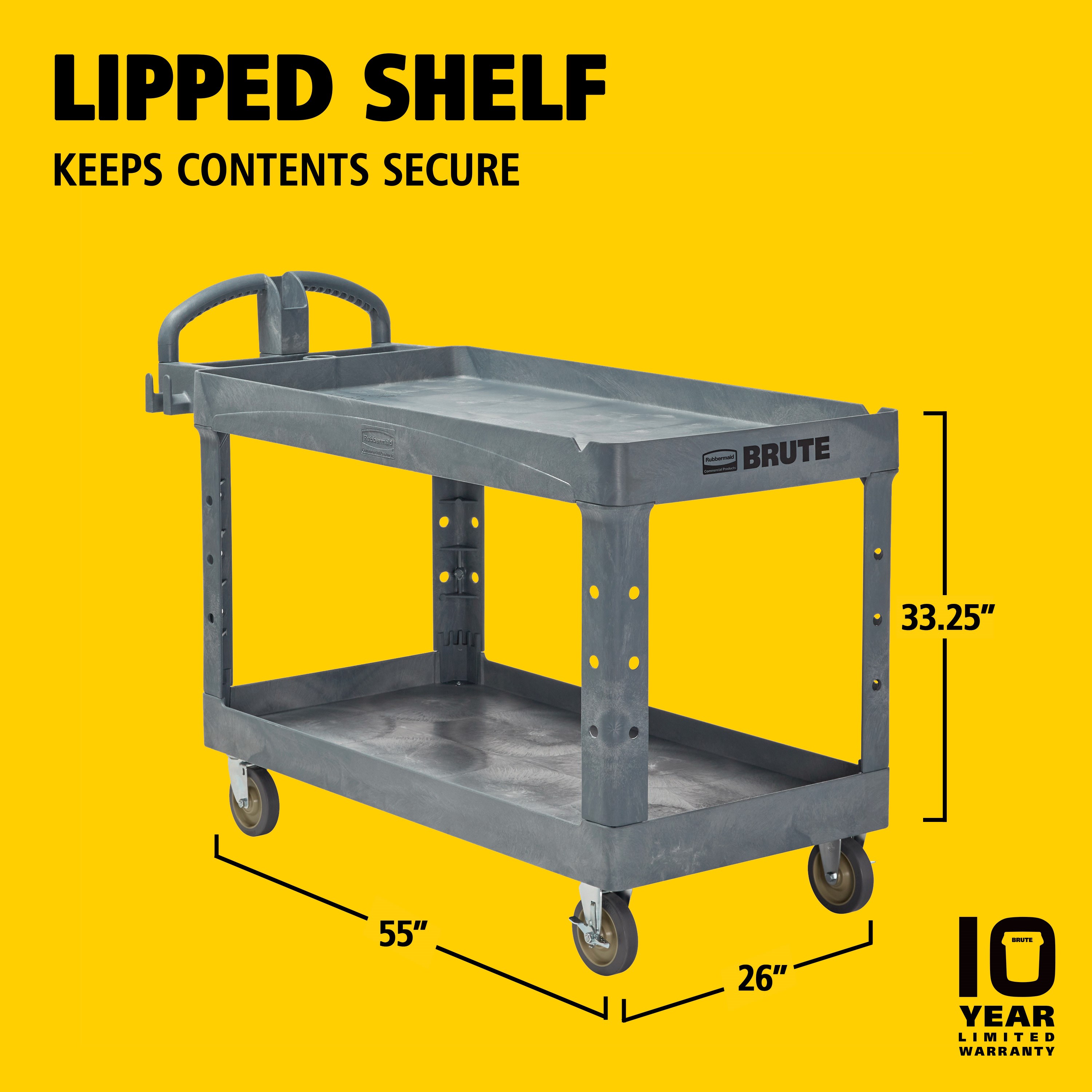 The BRUTE Heavy-Duty Utility Cart with Lipped Shelf transports materials, supplies, and heavy loads securely with up to 750 lbs. load capacity. The lipped shelves prevents items from falling off the cart and features an integrated V-notch to hold pipe and conduit securely for safe cutting.