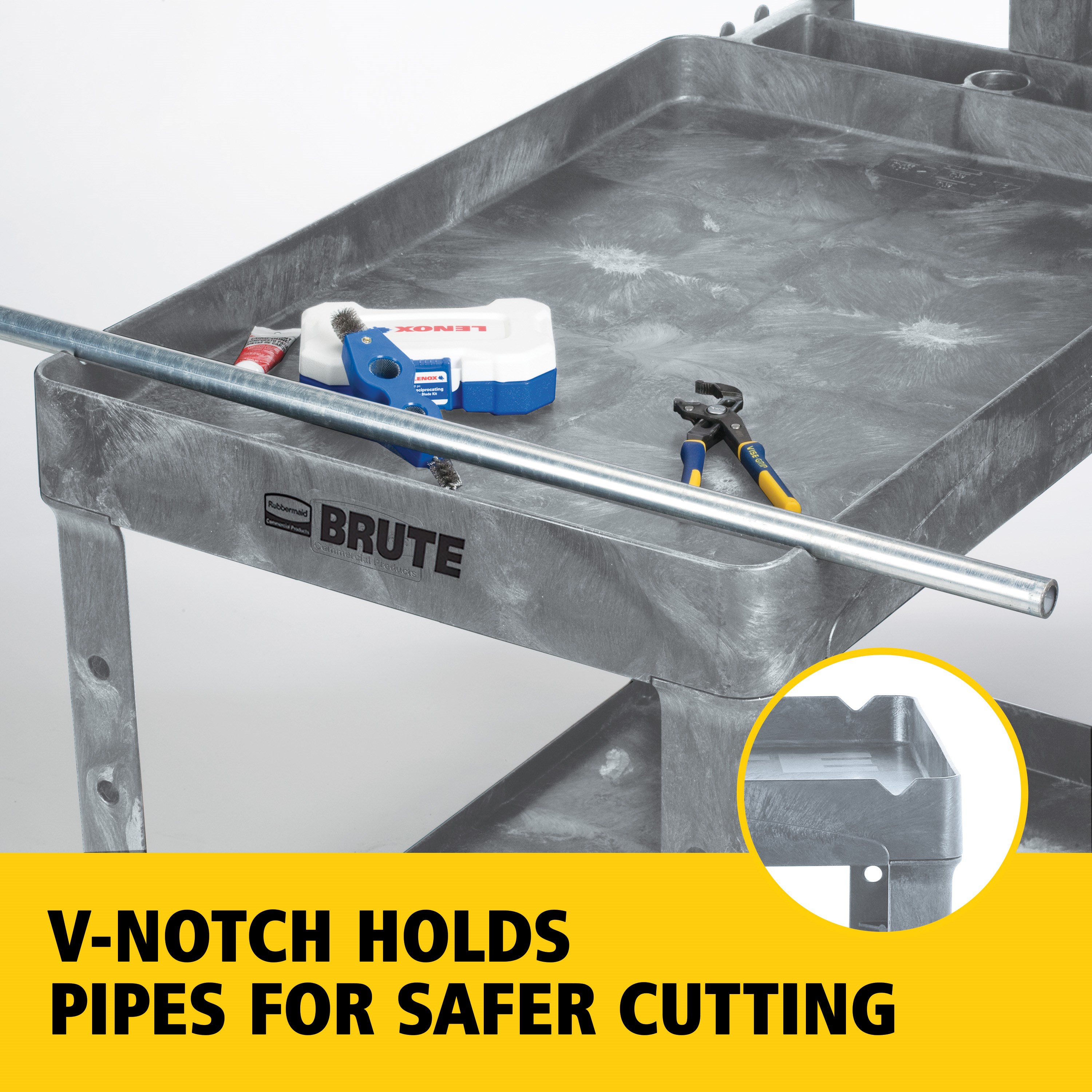 The BRUTE Heavy-Duty Utility Cart with Lipped Shelf transports materials, supplies, and heavy loads securely with up to 750 lbs. load capacity. The lipped shelves prevents items from falling off the cart and features an integrated V-notch to hold pipe and conduit securely for safe cutting.