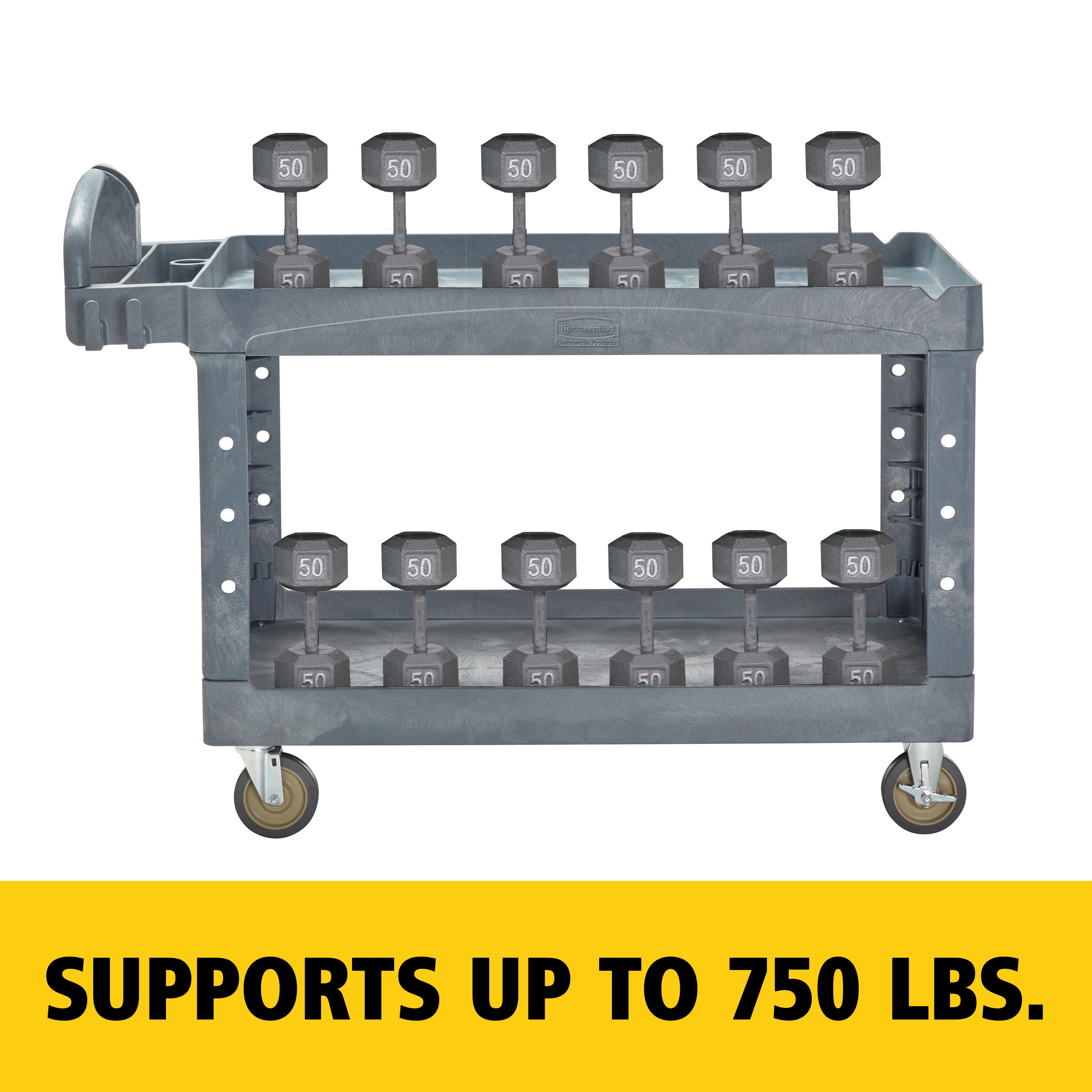 The BRUTE Heavy-Duty Utility Cart with Lipped Shelf transports materials, supplies, and heavy loads securely with up to 750 lbs. load capacity. The lipped shelves prevents items from falling off the cart and features an integrated V-notch to hold pipe and conduit securely for safe cutting.