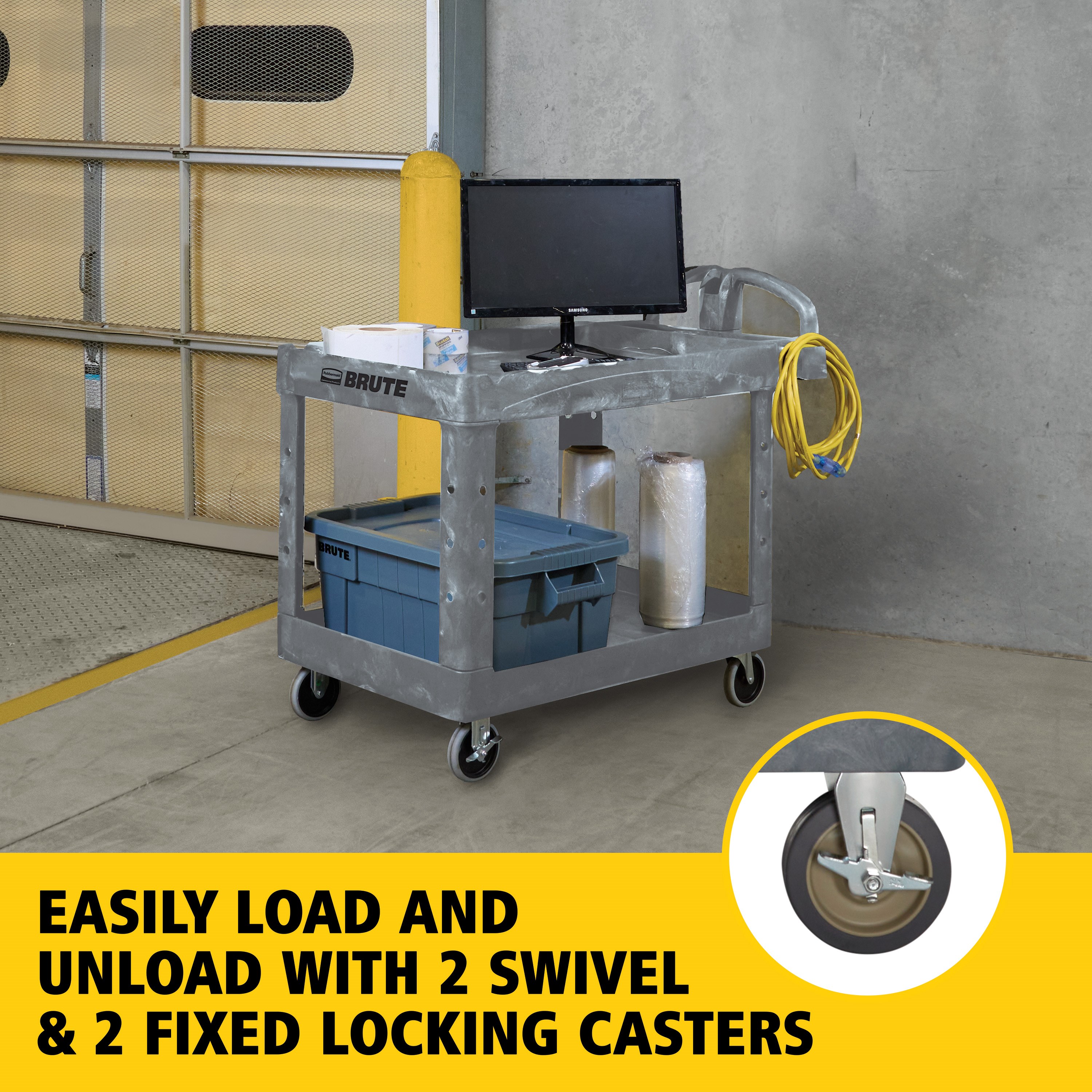 The BRUTE Heavy-Duty Utility Cart with Lipped Shelf transports materials, supplies, and heavy loads securely with up to 750 lbs. load capacity. The lipped shelves prevents items from falling off the cart and features an integrated V-notch to hold pipe and conduit securely for safe cutting.