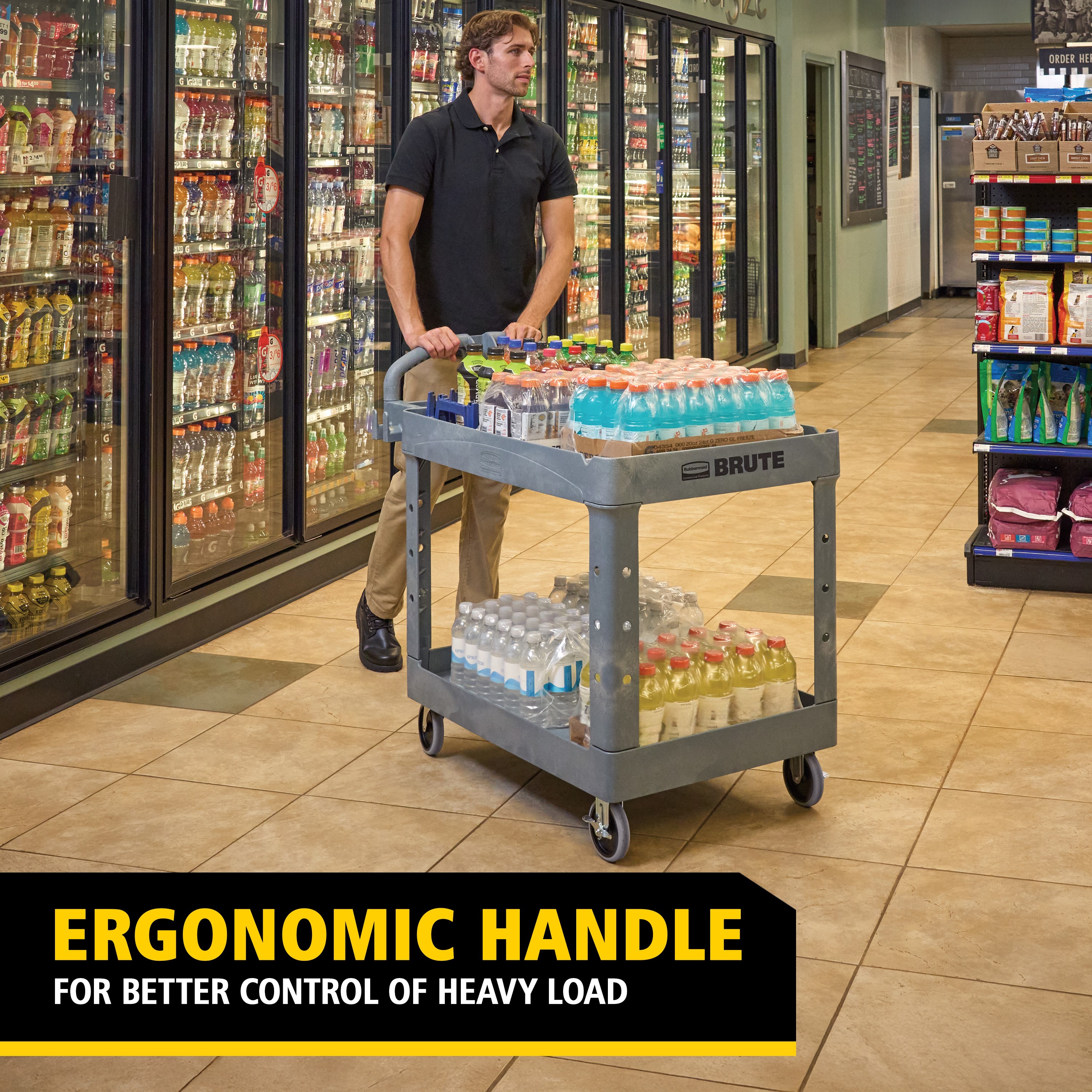 The BRUTE Heavy-Duty Utility Cart with Lipped Shelf transports materials, supplies, and heavy loads securely with up to 500 lbs. load capacity. The lipped shelves prevents items from falling off the cart and features an integrated V-notch to hold pipe and conduit securely for safe cutting.