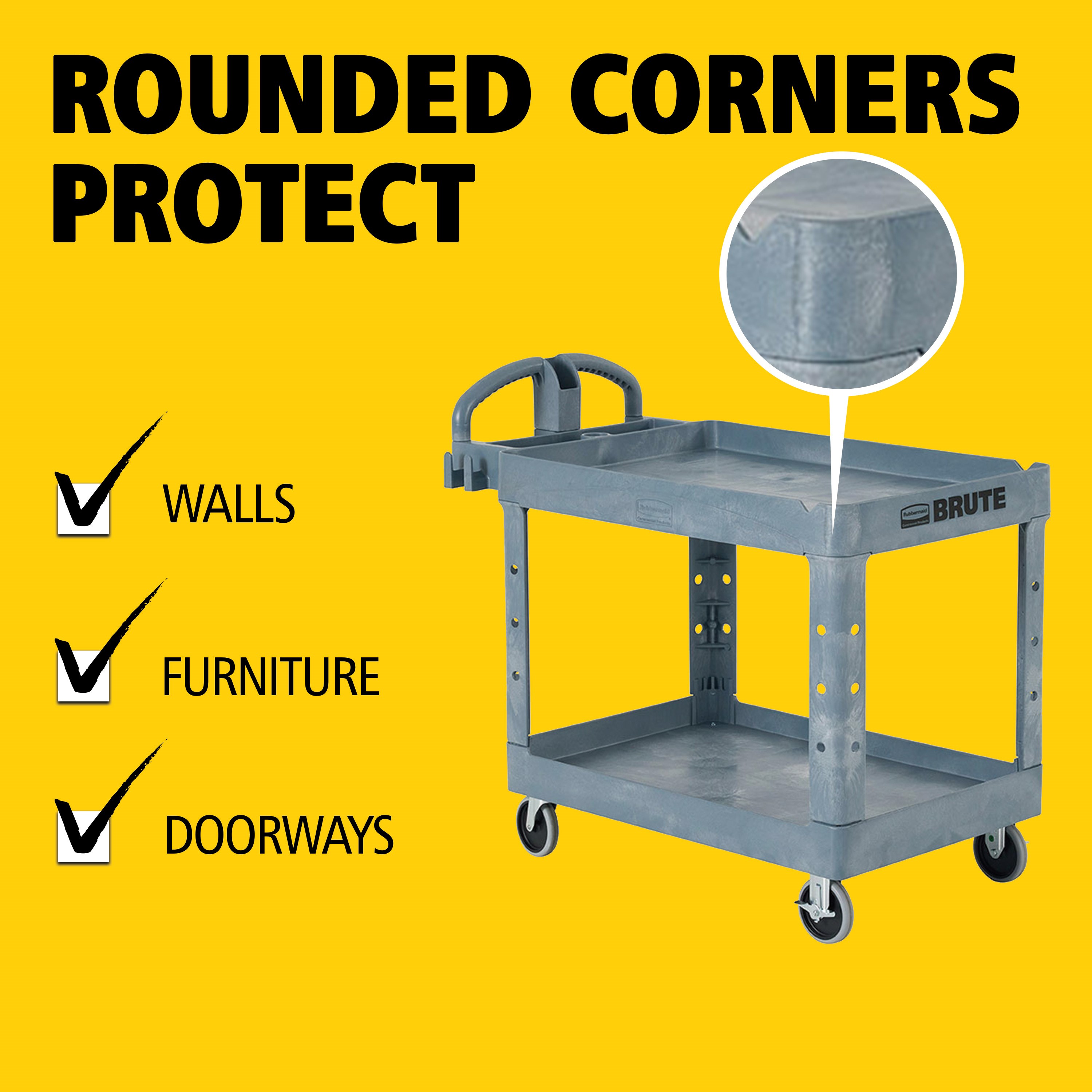 The BRUTE Heavy-Duty Utility Cart with Lipped Shelf transports materials, supplies, and heavy loads securely with up to 500 lbs. load capacity. The lipped shelves prevents items from falling off the cart and features an integrated V-notch to hold pipe and conduit securely for safe cutting.