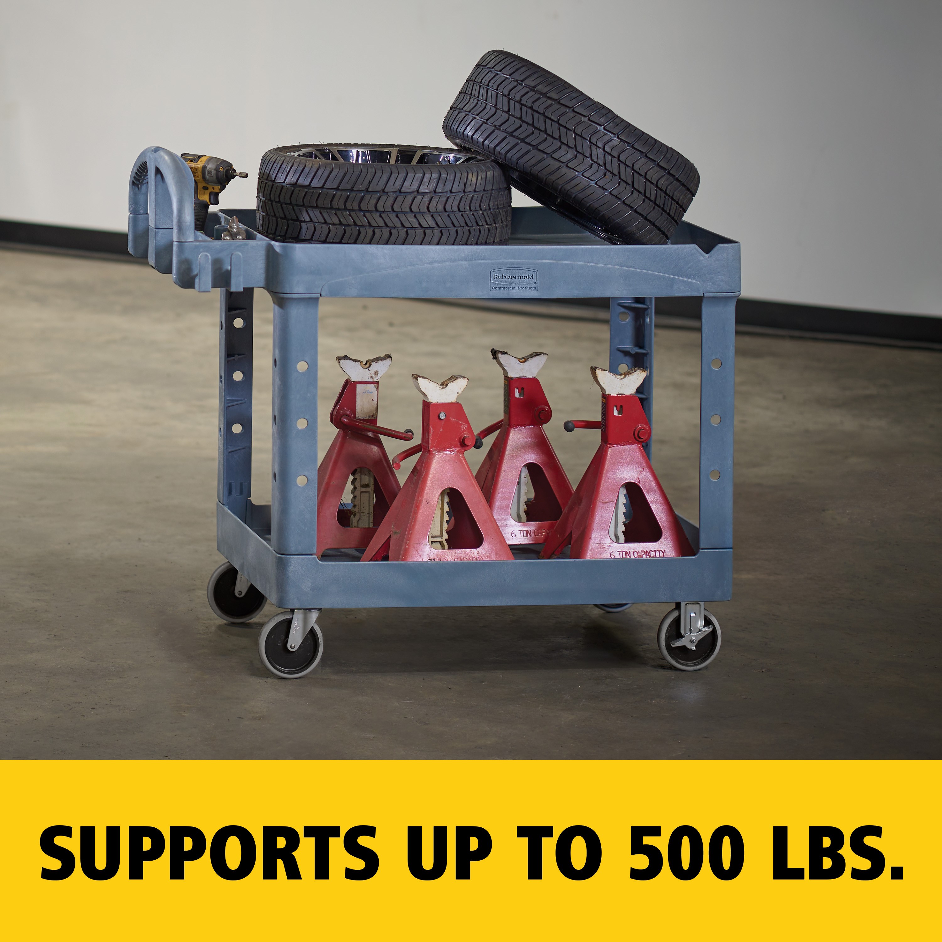 The BRUTE Heavy-Duty Utility Cart with Lipped Shelf transports materials, supplies, and heavy loads securely with up to 500 lbs. load capacity. The lipped shelves prevents items from falling off the cart and features an integrated V-notch to hold pipe and conduit securely for safe cutting.