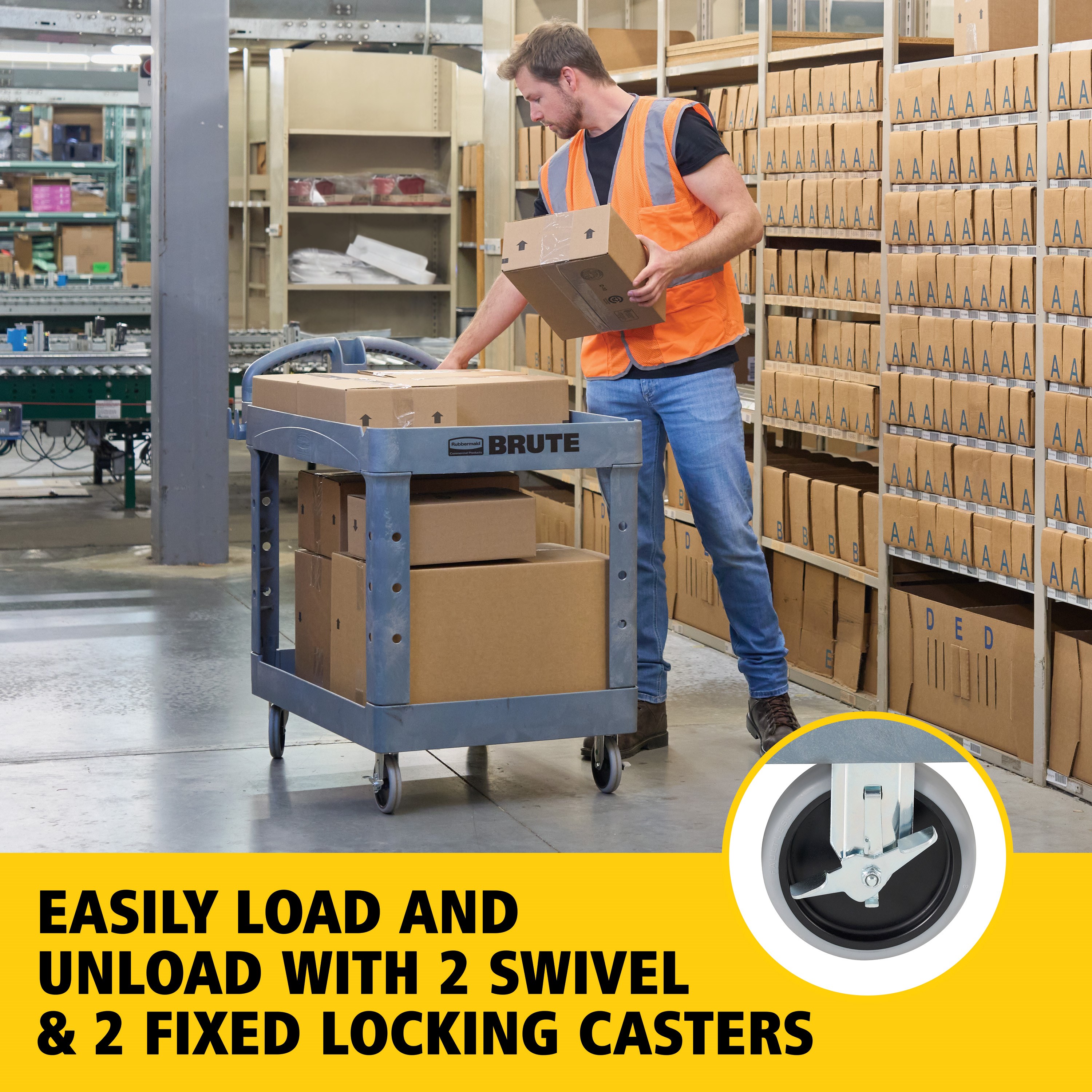 The BRUTE Heavy-Duty Utility Cart with Lipped Shelf transports materials, supplies, and heavy loads securely with up to 500 lbs. load capacity. The lipped shelves prevents items from falling off the cart and features an integrated V-notch to hold pipe and conduit securely for safe cutting.