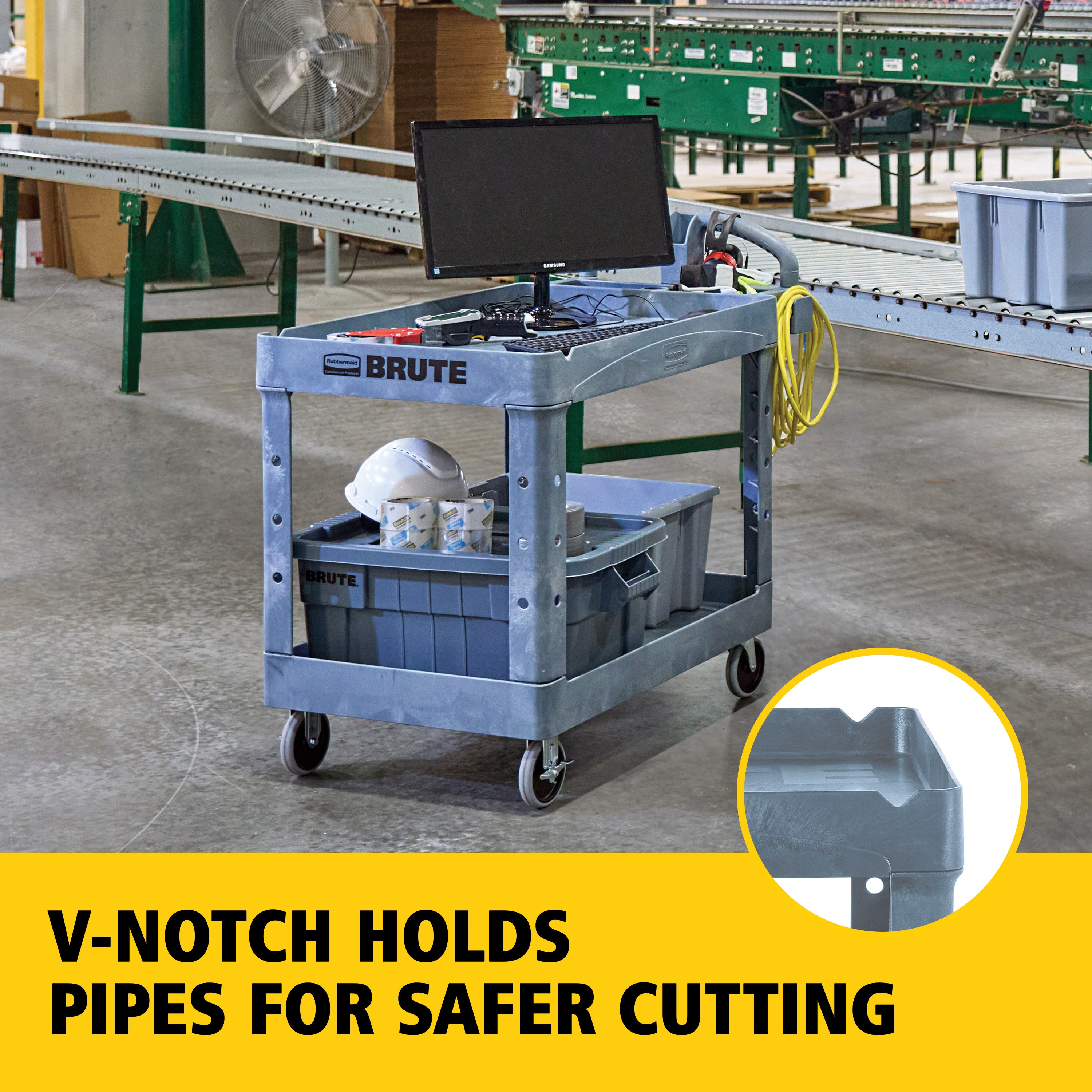 The BRUTE Heavy-Duty Utility Cart with Lipped Shelf transports materials, supplies, and heavy loads securely with up to 500 lbs. load capacity. The lipped shelves prevents items from falling off the cart and features an integrated V-notch to hold pipe and conduit securely for safe cutting.