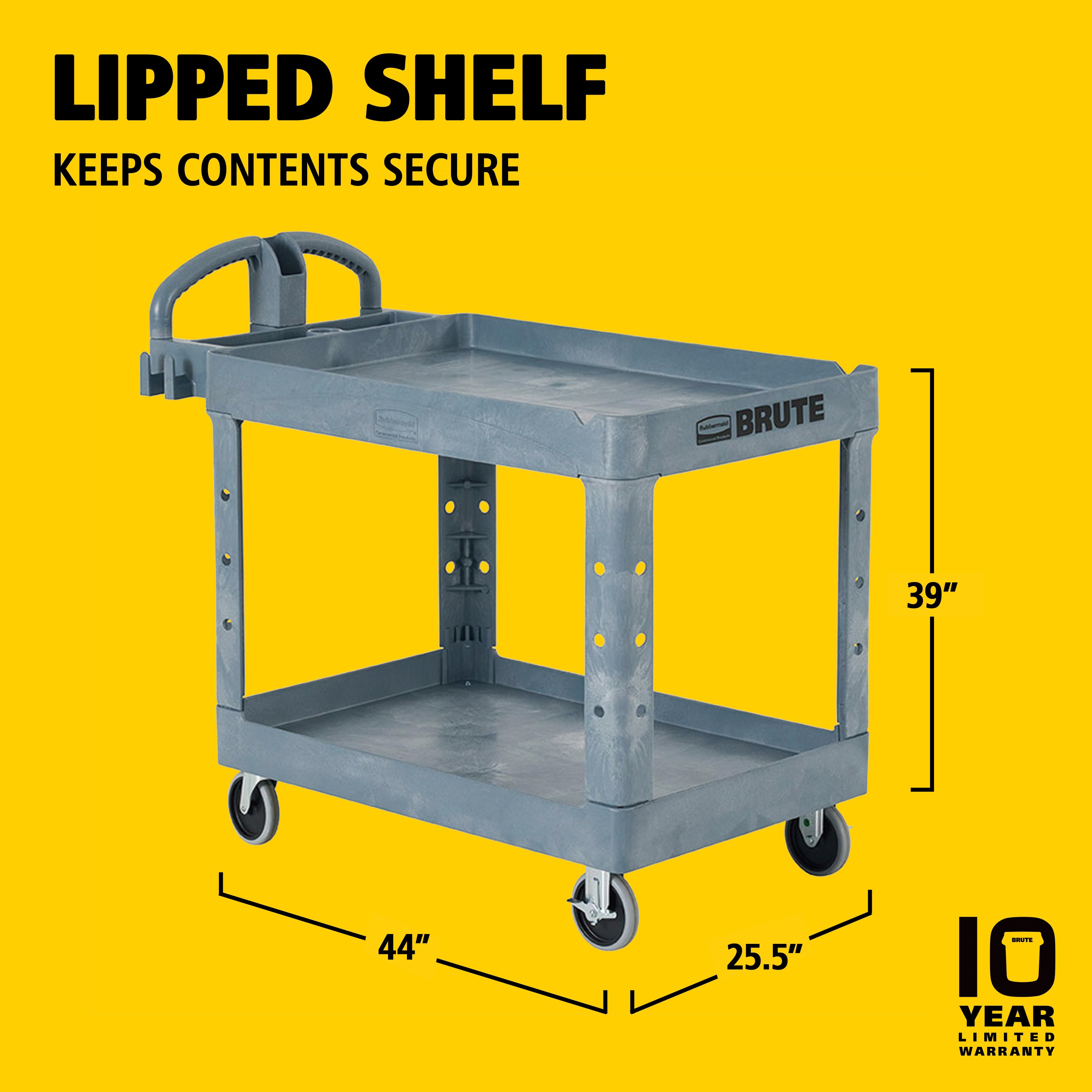 The BRUTE Heavy-Duty Utility Cart with Lipped Shelf transports materials, supplies, and heavy loads securely with up to 500 lbs. load capacity. The lipped shelves prevents items from falling off the cart and features an integrated V-notch to hold pipe and conduit securely for safe cutting.