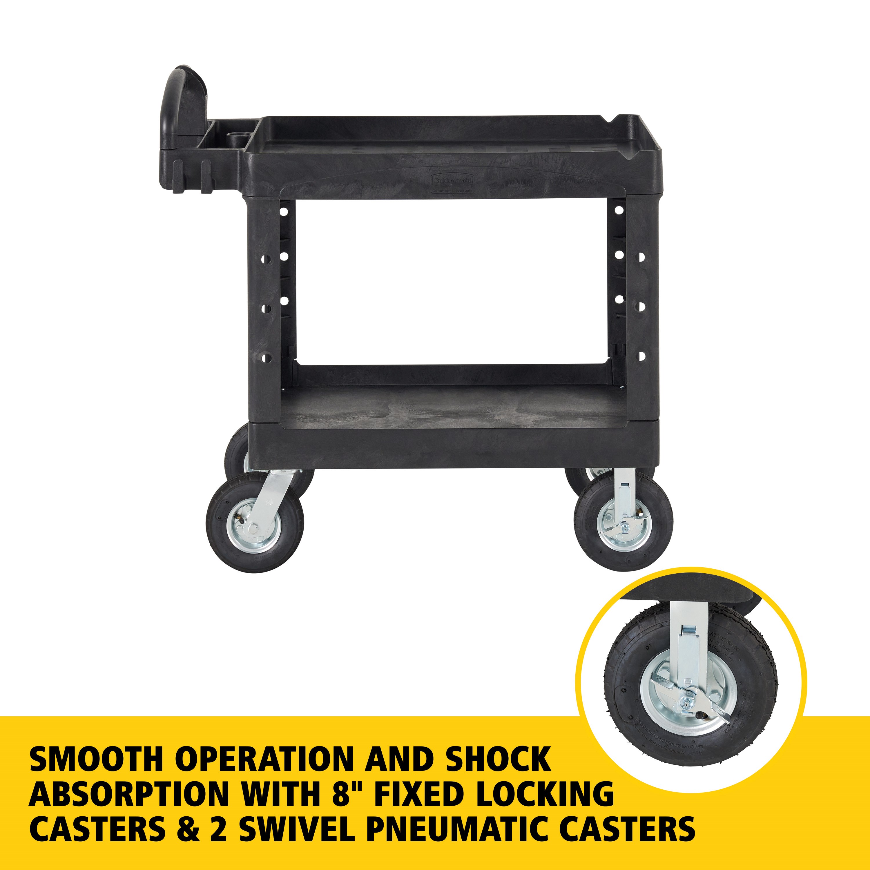 The BRUTE Heavy Duty Utility Cart with lipped shelves is a durable versatile cart that is ideal for transporting materials, supplies, and heavy loads up to 500 lbs. The lipped shelves prevent items from falling off the cart and features an integrated V-notch to hold pipe and conduit securely for safe cutting.