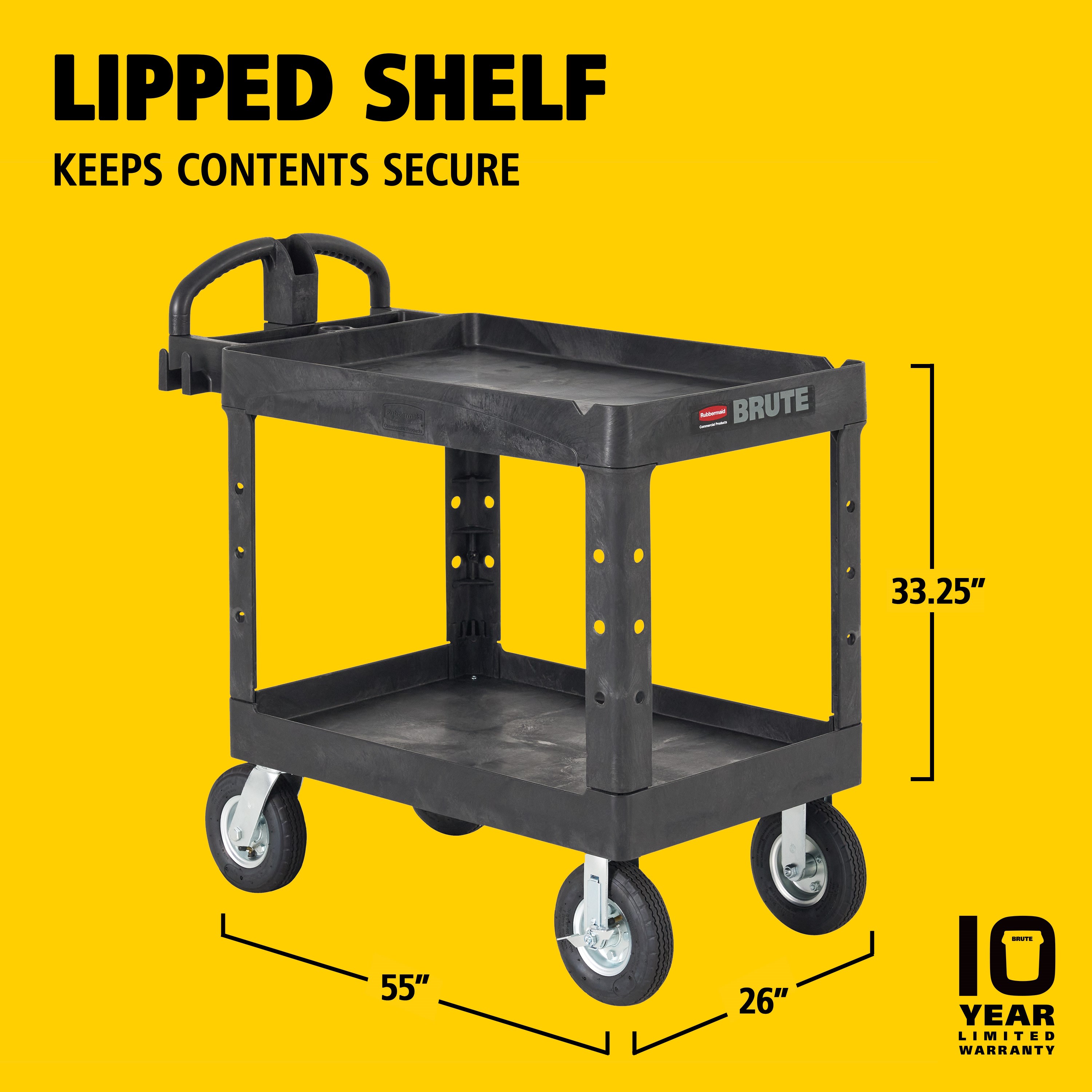 The BRUTE Heavy Duty Utility Cart with lipped shelves is a durable versatile cart that is ideal for transporting materials, supplies, and heavy loads up to 500 lbs. The lipped shelves prevent items from falling off the cart and features an integrated V-notch to hold pipe and conduit securely for safe cutting.