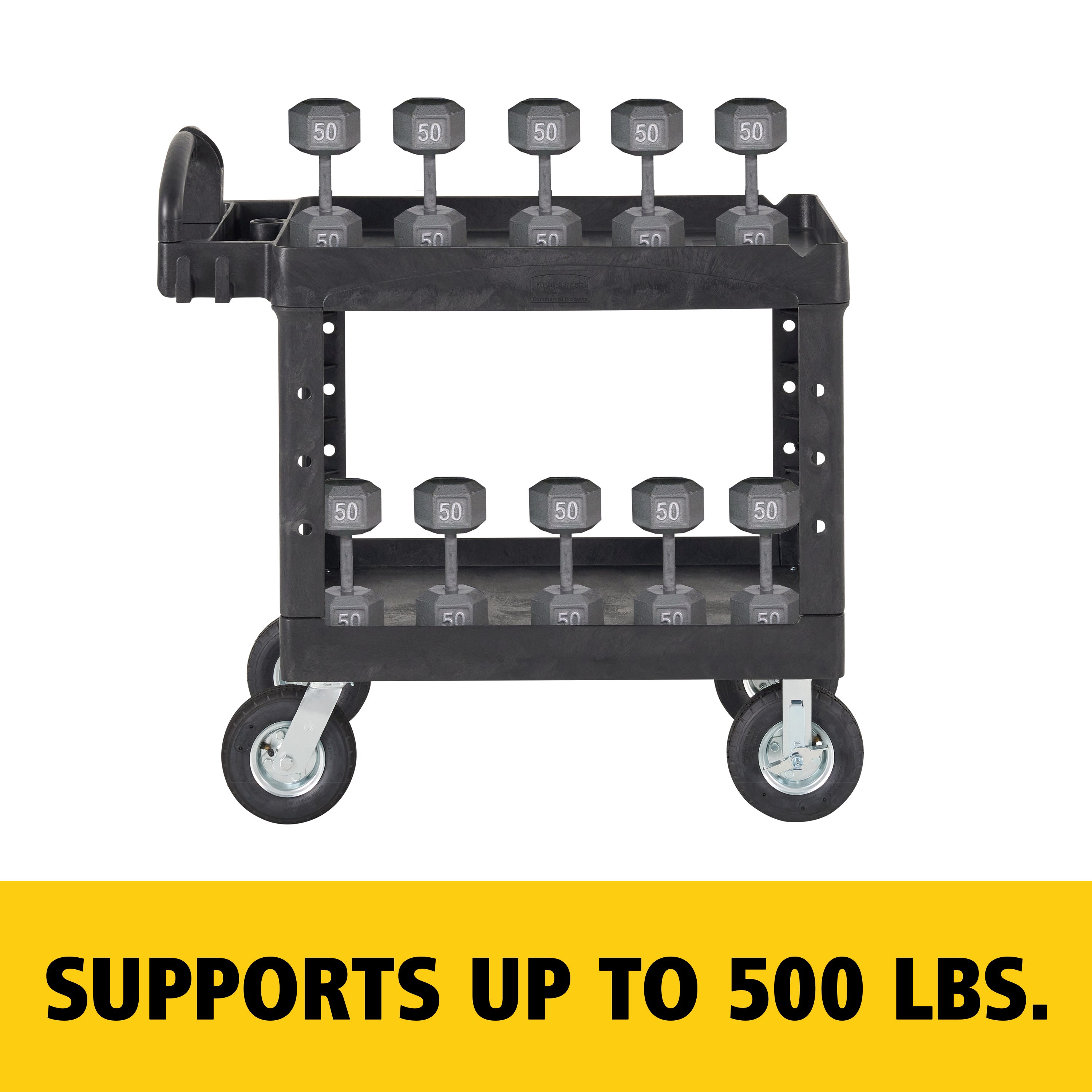 The BRUTE Heavy Duty Utility Cart with lipped shelves is a durable versatile cart that is ideal for transporting materials, supplies, and heavy loads up to 500 lbs. The lipped shelves prevent items from falling off the cart and features an integrated V-notch to hold pipe and conduit securely for safe cutting.