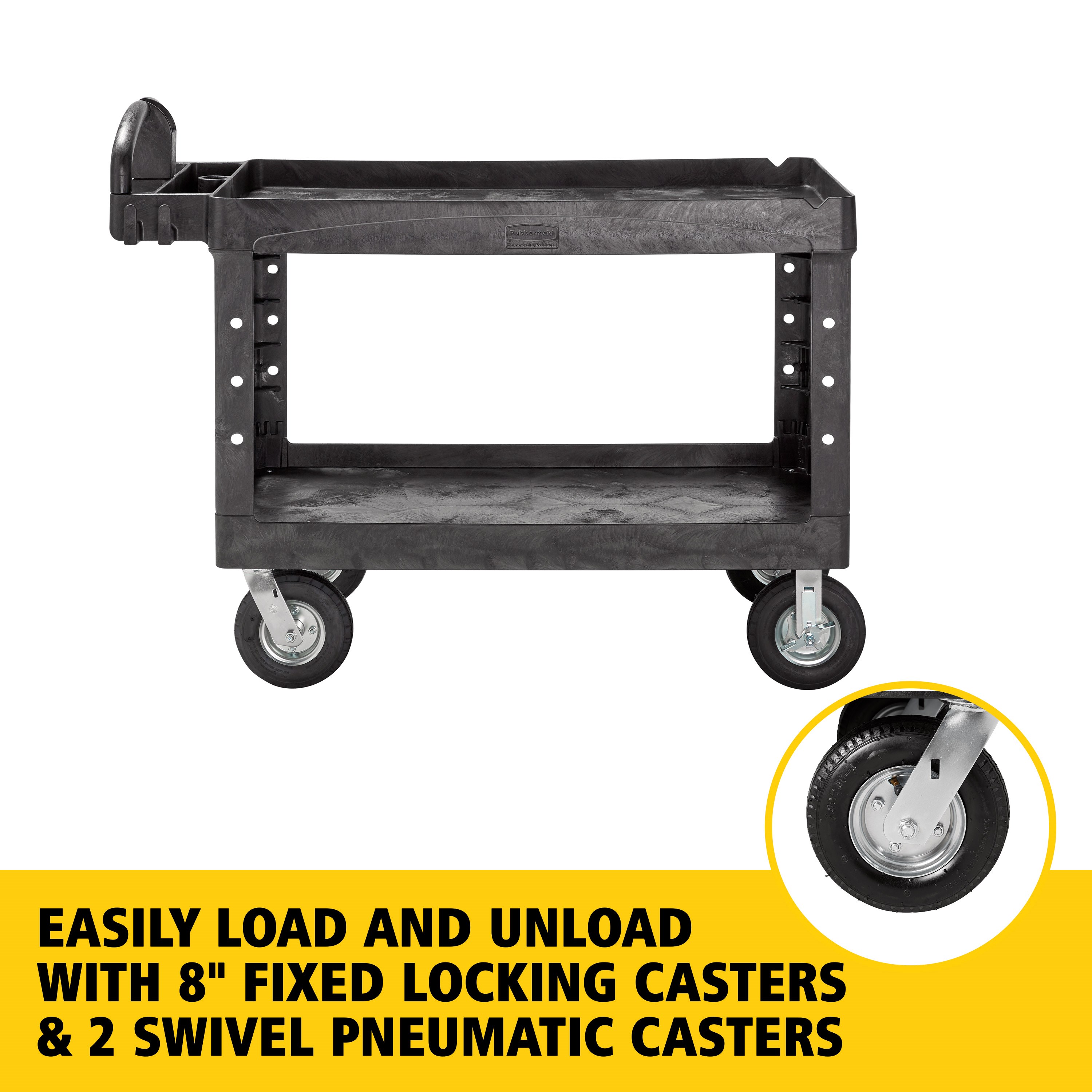 The BRUTE Heavy Duty Utility Cart with lipped shelves is a durable versatile cart that is ideal for transporting materials, supplies, and heavy loads up to 750 lbs. The lipped shelves prevent items from falling off the cart and features an integrated V-notch to hold pipe and conduit securely for safe cutting.