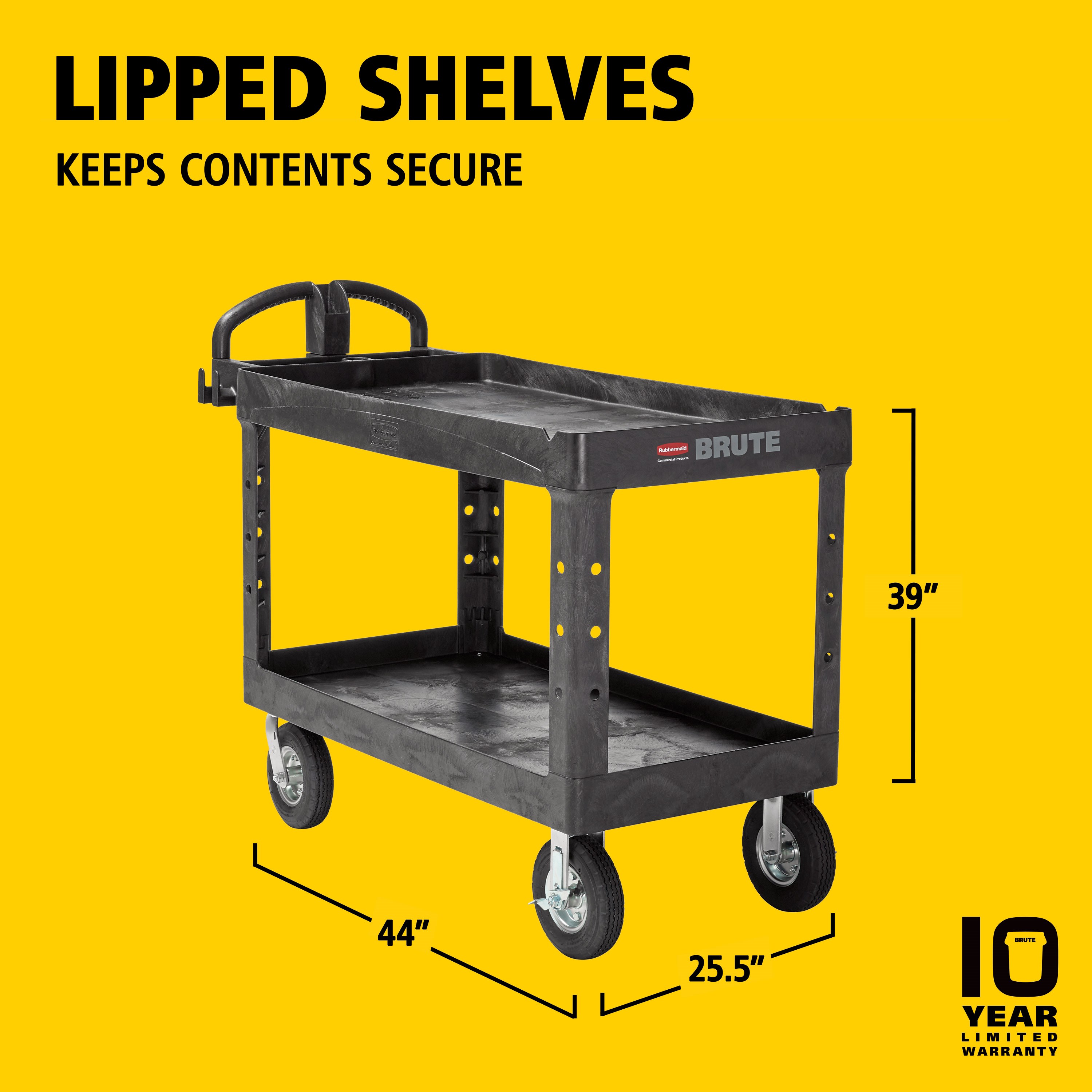 The BRUTE Heavy Duty Utility Cart with lipped shelves is a durable versatile cart that is ideal for transporting materials, supplies, and heavy loads up to 750 lbs. The lipped shelves prevent items from falling off the cart and features an integrated V-notch to hold pipe and conduit securely for safe cutting.