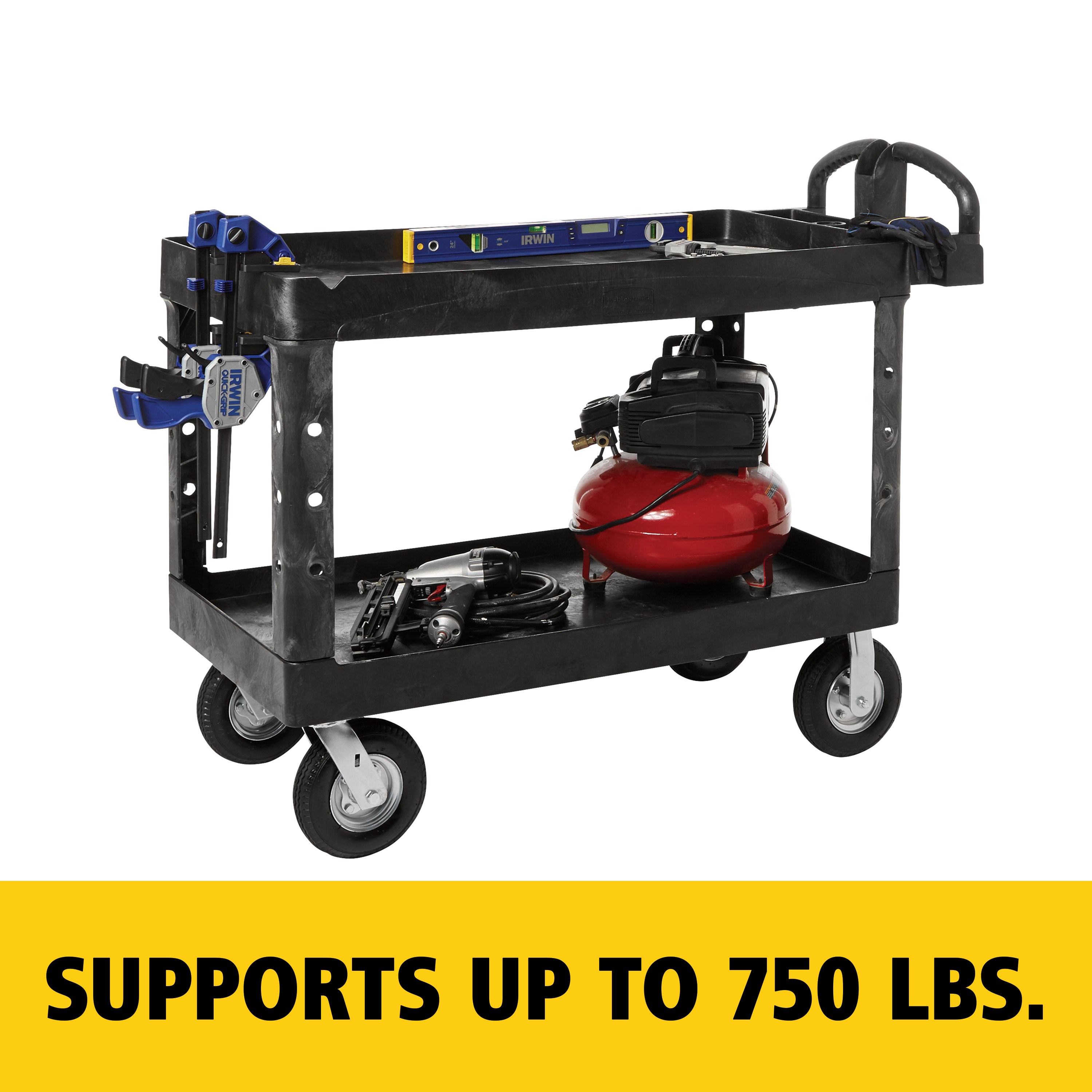 The BRUTE Heavy Duty Utility Cart with lipped shelves is a durable versatile cart that is ideal for transporting materials, supplies, and heavy loads up to 750 lbs. The lipped shelves prevent items from falling off the cart and features an integrated V-notch to hold pipe and conduit securely for safe cutting.