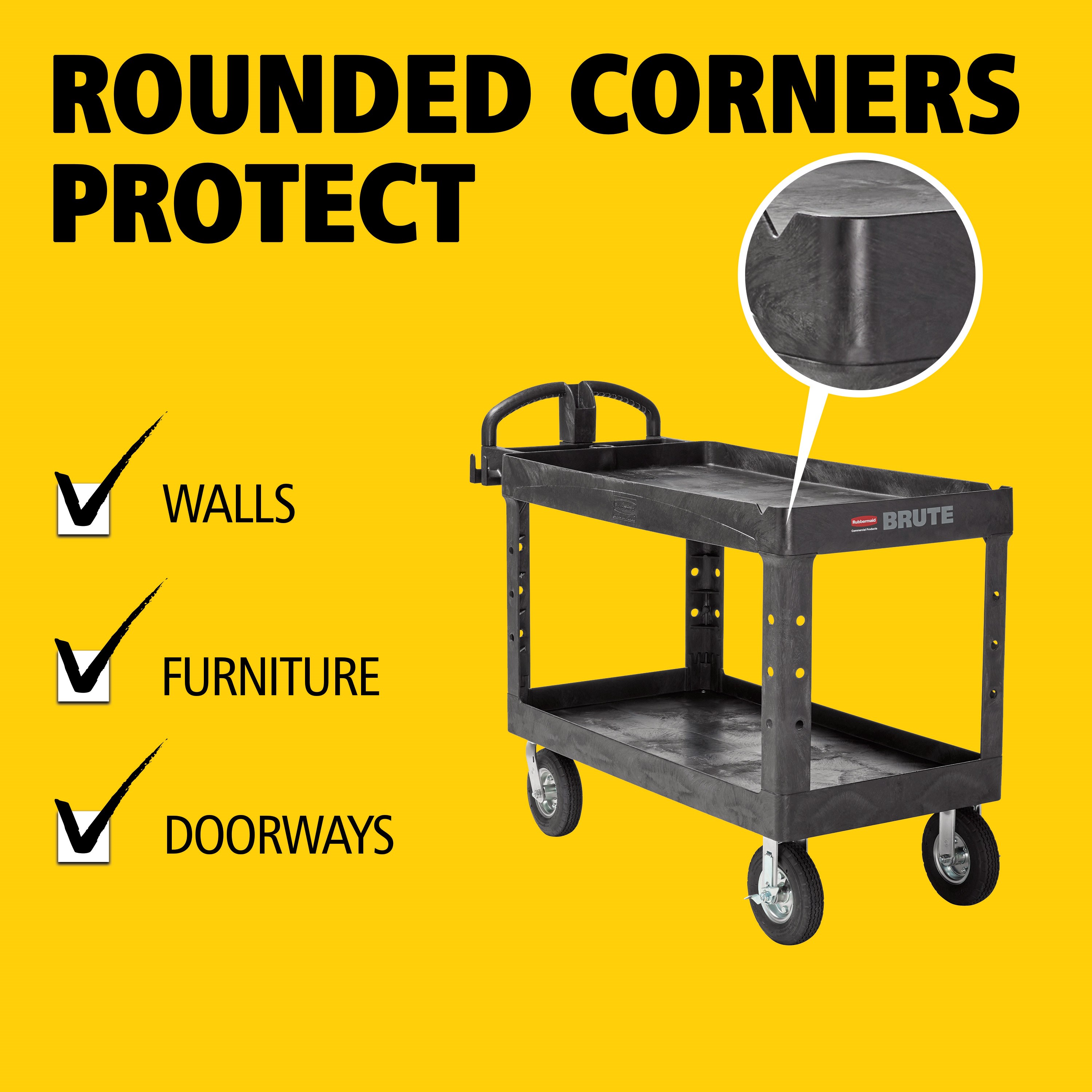 The BRUTE Heavy Duty Utility Cart with lipped shelves is a durable versatile cart that is ideal for transporting materials, supplies, and heavy loads up to 750 lbs. The lipped shelves prevent items from falling off the cart and features an integrated V-notch to hold pipe and conduit securely for safe cutting.
