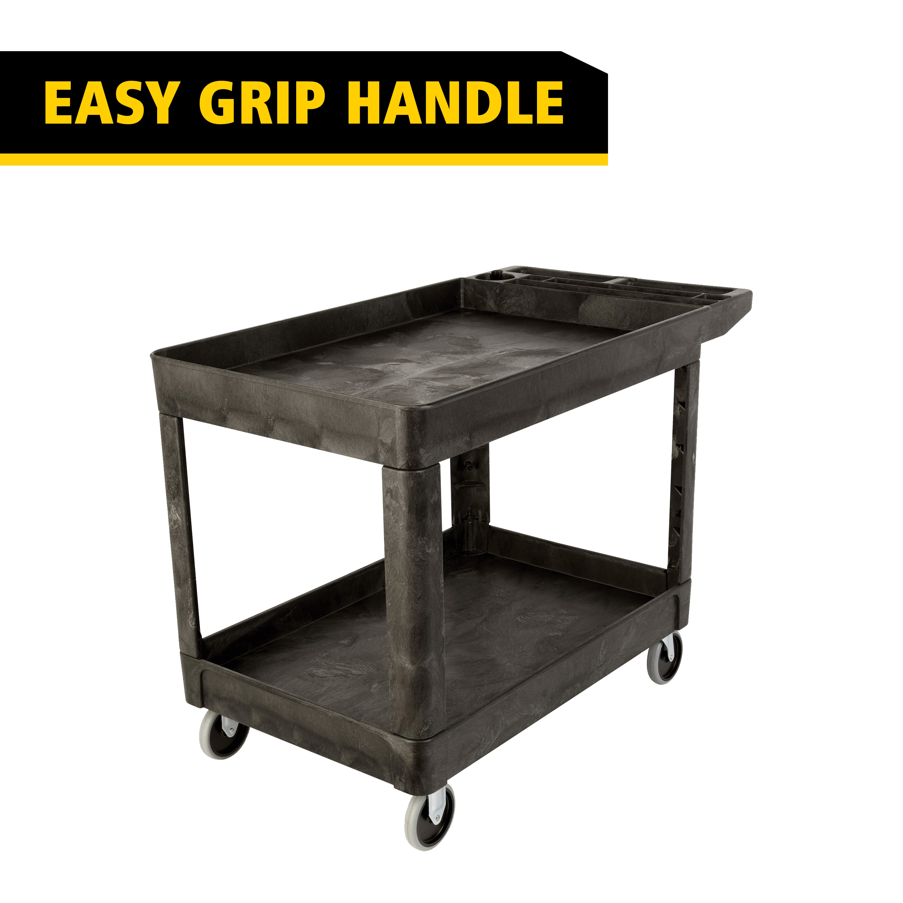 Heavy-Duty Utility Cart with Lipped Shelf transports materials, supplies, and heavy loads securely with up to 500 lbs. load capacity. The lipped shelves prevents items from falling off the cart and features an integrated V-notch to hold pipe and conduit securely for safe cutting.